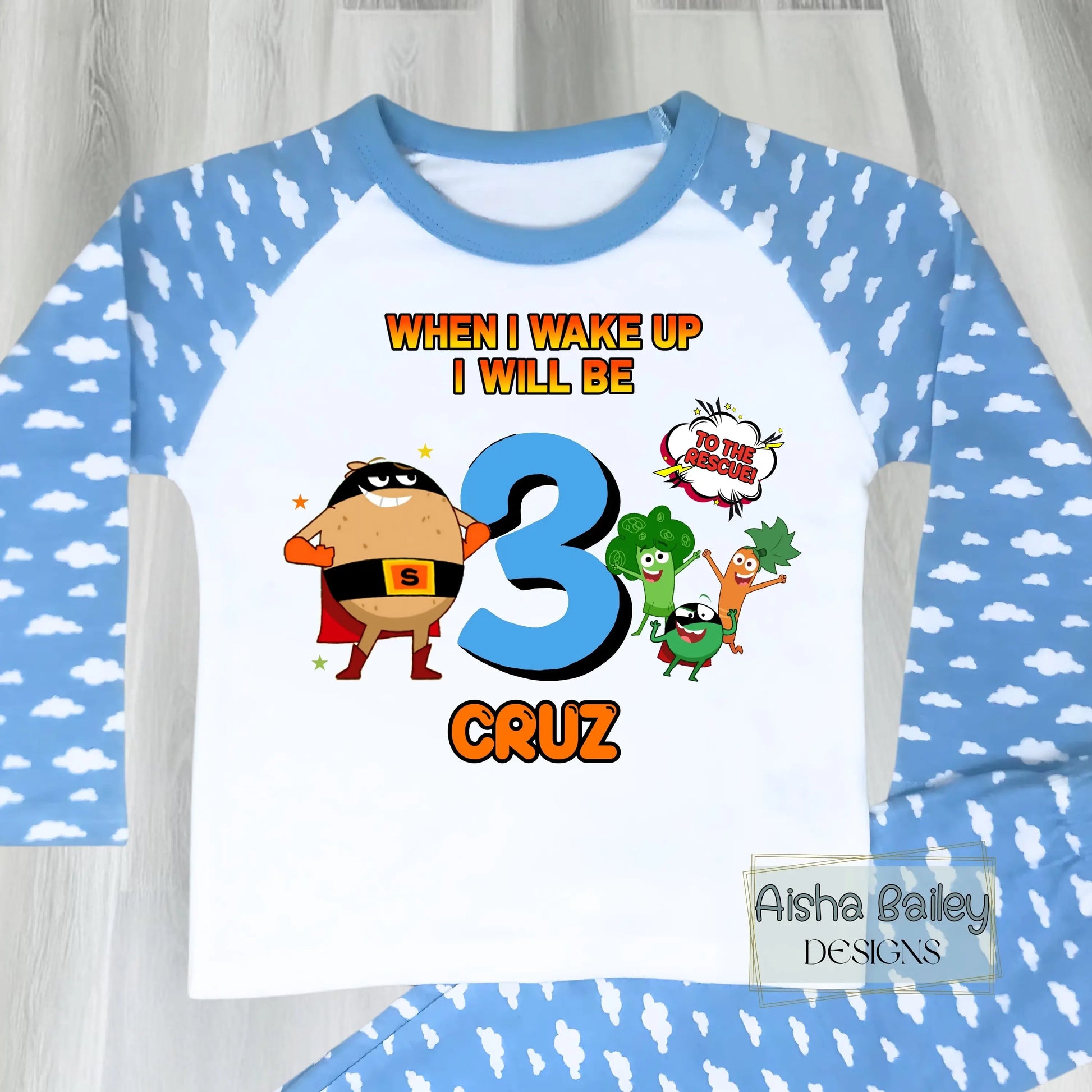 Boys personalised Supertato birthday pyjamas with When I Wake Up design, custom name and age, white star print kids PJs