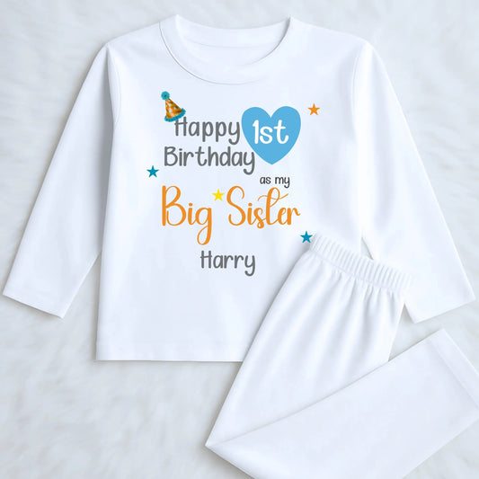 Personalised sibling birthday clothing featuring big sister first birthday pyjamas with custom name, perfect for matching sibling birthday outfits.