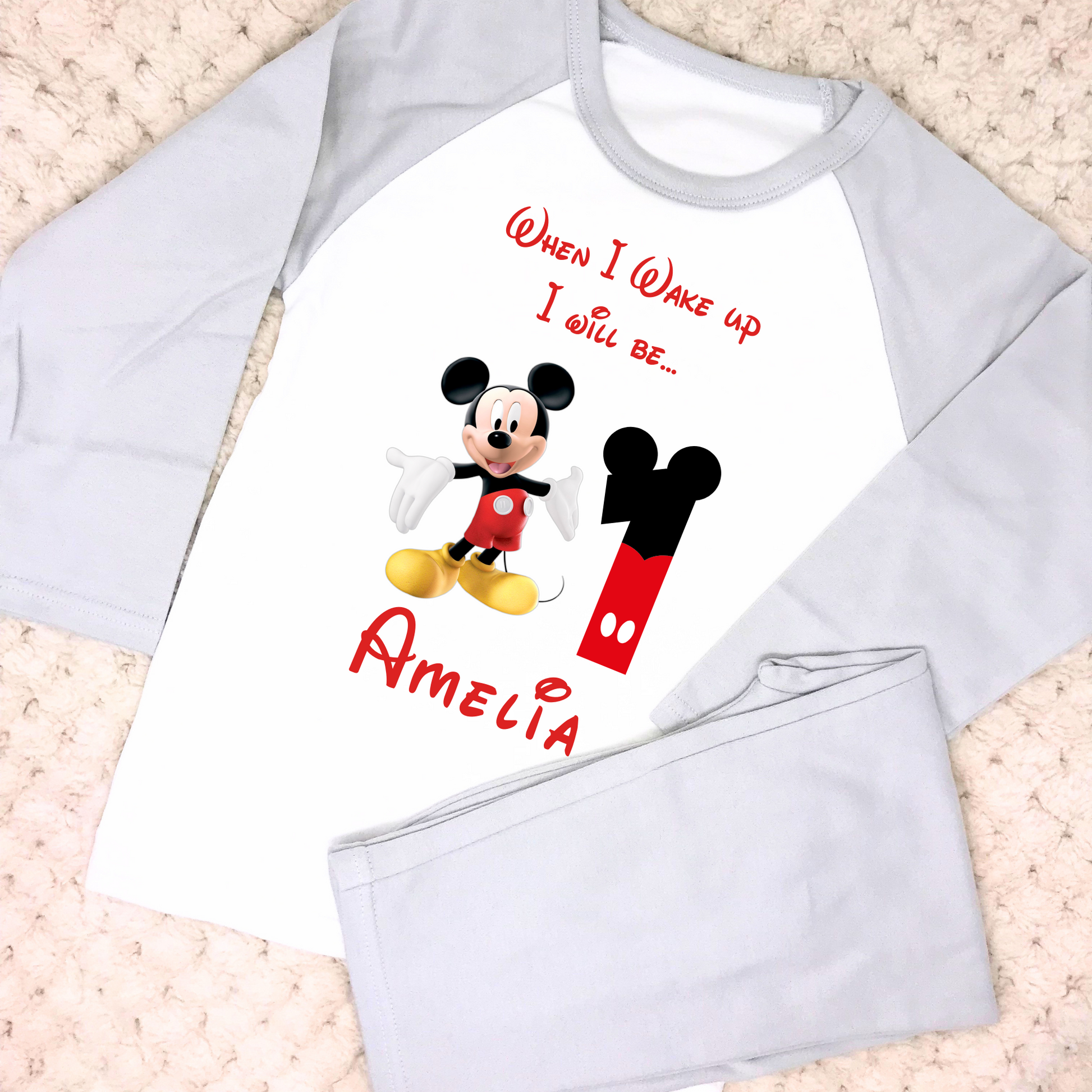Mickey Mouse Birthday Pyjamas - Girls' Personalised Mickey Mouse Birthday Nightwear, personalised mickie pjs, when I wake up mickie mouse, personalised disney mickie birthday pjs