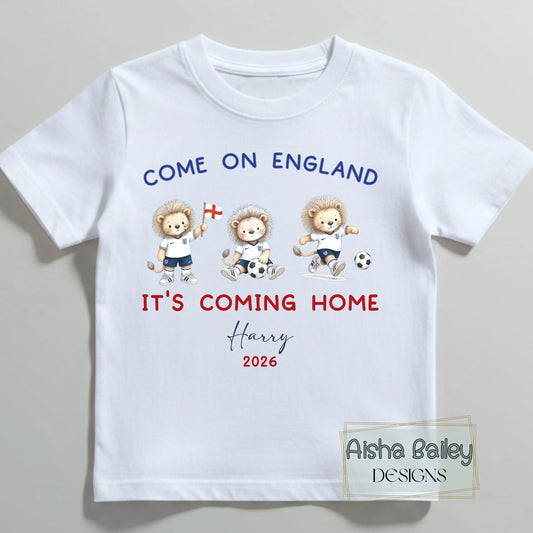 Boys Personalised World Cup T-shirt, England Football 2026 – Come On England It’s Coming Home Top AishaBaileyDesigns
