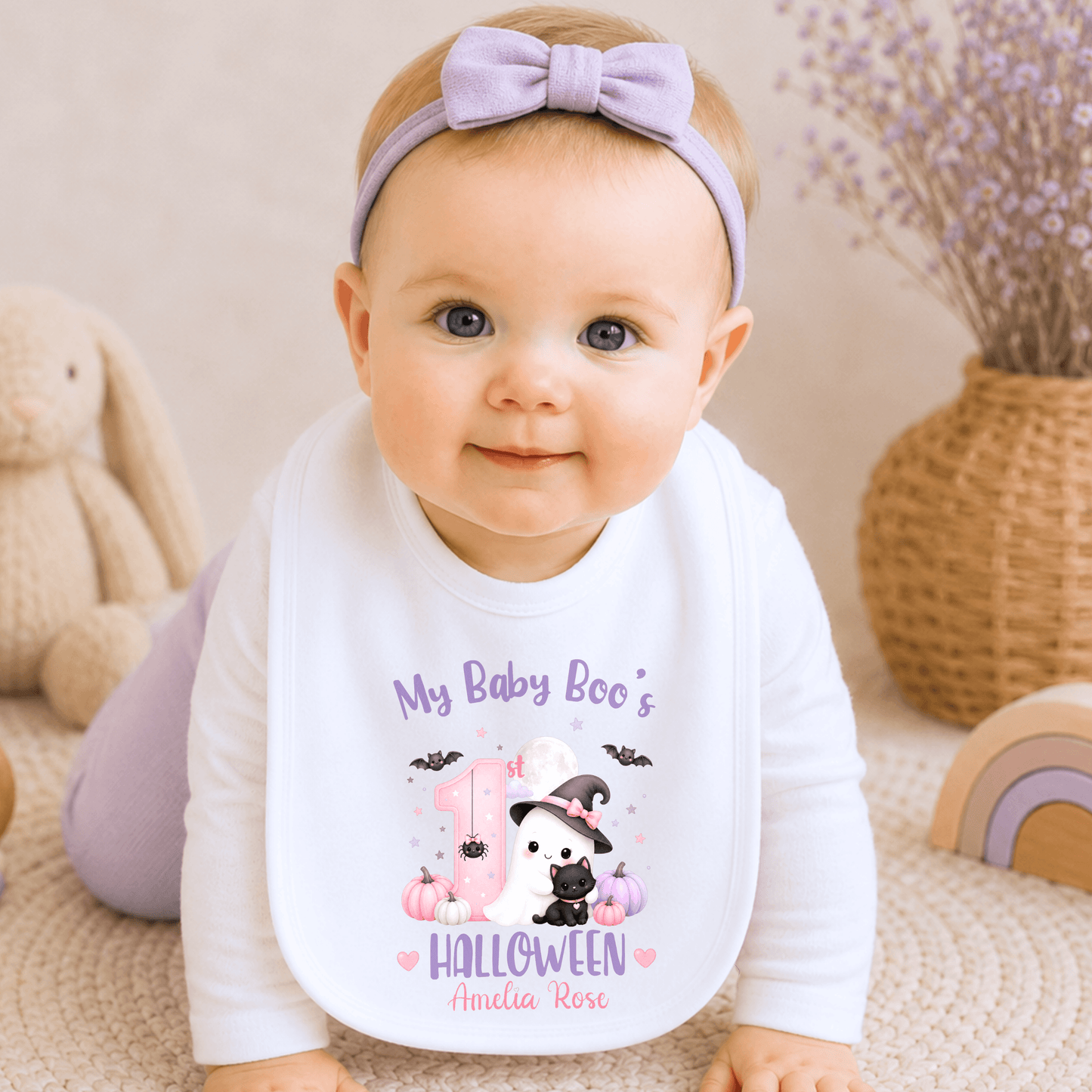 Personalised First Halloween Baby Outfit for girls with Baby Boo ghost, black cat, pumpkins and pink and lilac 1st Halloween design
