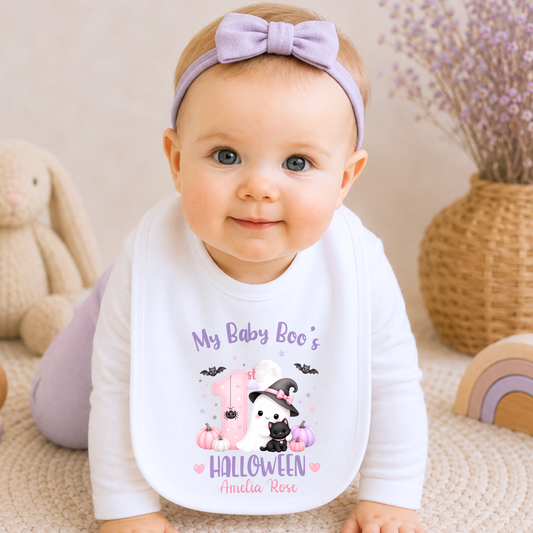 Personalised First Halloween Baby Outfit for girls with Baby Boo ghost, black cat, pumpkins and pink and lilac 1st Halloween design