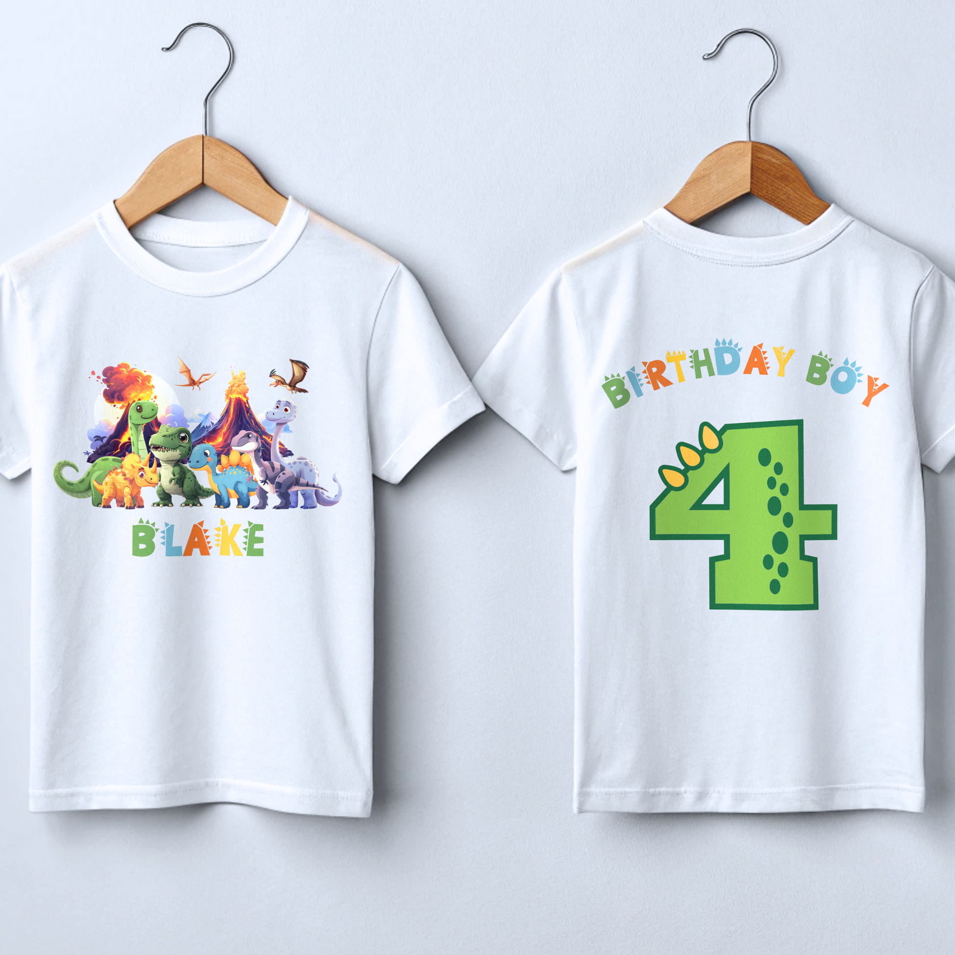 Dinosaur Birthday T-shirt: Personalised Boys Dinosaur Birthday T-Shirt, designed for a toddler's birthday party. The shirt features a vibrant back print of a playful dinosaur number, symbolising the birthday boy age. It's a stylish, comfortable, and customisable Dino Trex Party Top, perfect for a dinosaur-themed celebration. Personalisation options include adding the child's name and age, making it a unique keepsake. Ideal for making your little dino-lover feel special on his birthday.
