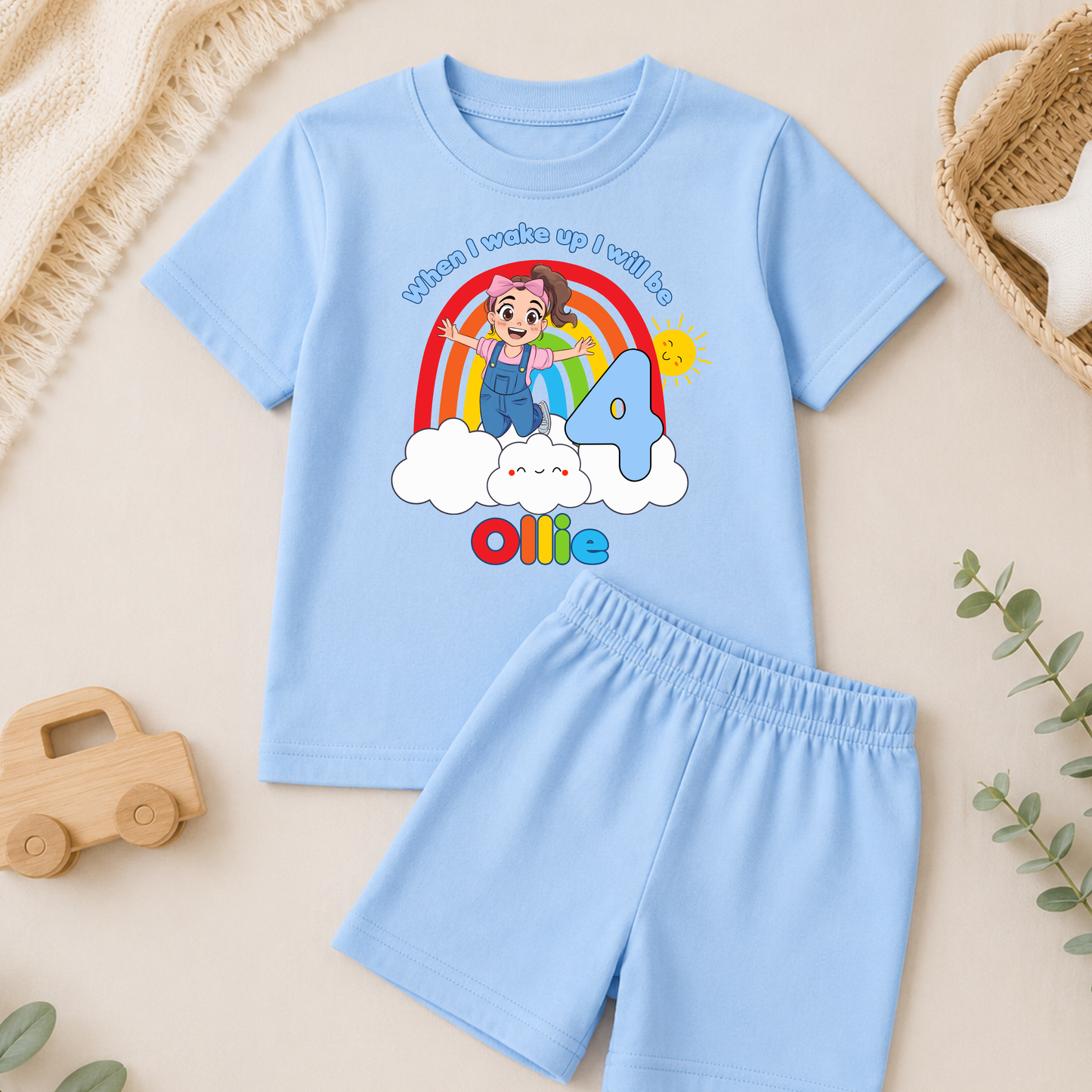 Boys Personalised Ms Rachel Short Birthday Pyjamas - When I Wake Up with custom name and age, colourful rainbow birthday design and short sleeve shorts set.