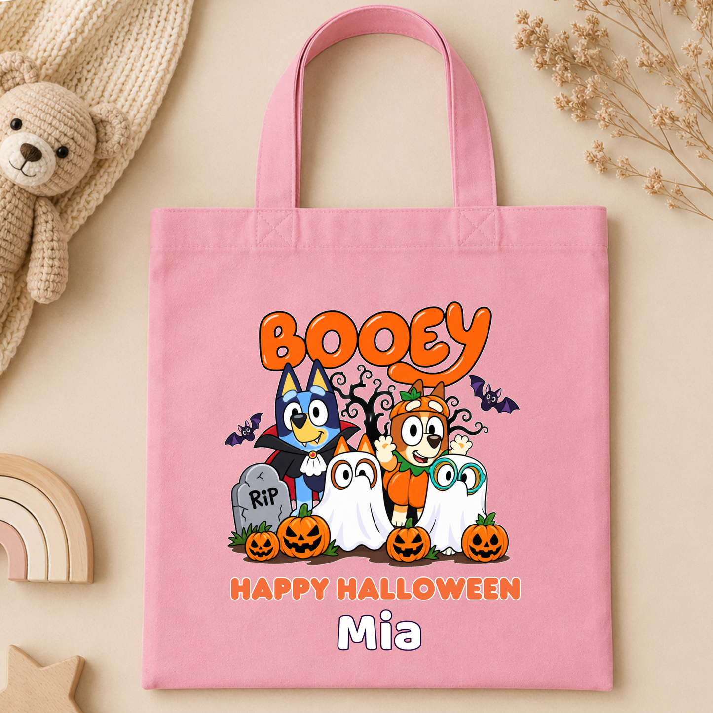 Kids Personalised Halloween Trick or Treat Bag with name, Bluey character design, pumpkins, ghosts and bats in purple, violet, white and pink