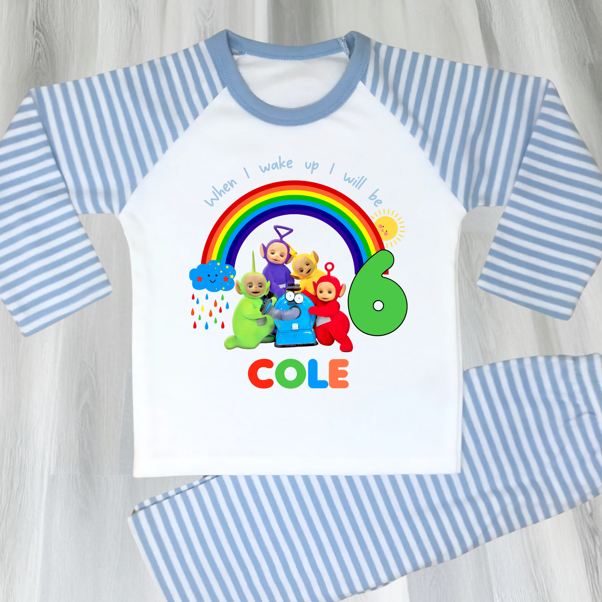 Teletubbies birthday pyjamas, when i wake up teletubbies, teletubbies name age, boys birthday pyjamas with name