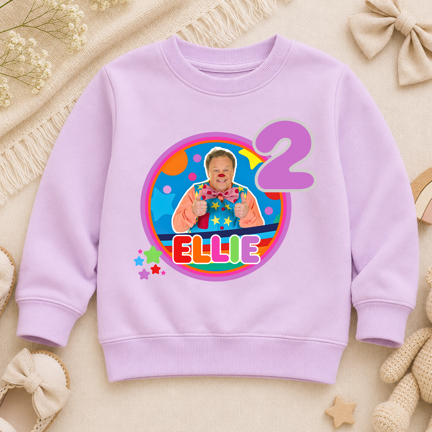 Girls Personalised Mr Tumble Birthday Sweatshirt, A sweatshirt with a Mr Tumble birthday design for girls which is personalised with their custom name and age