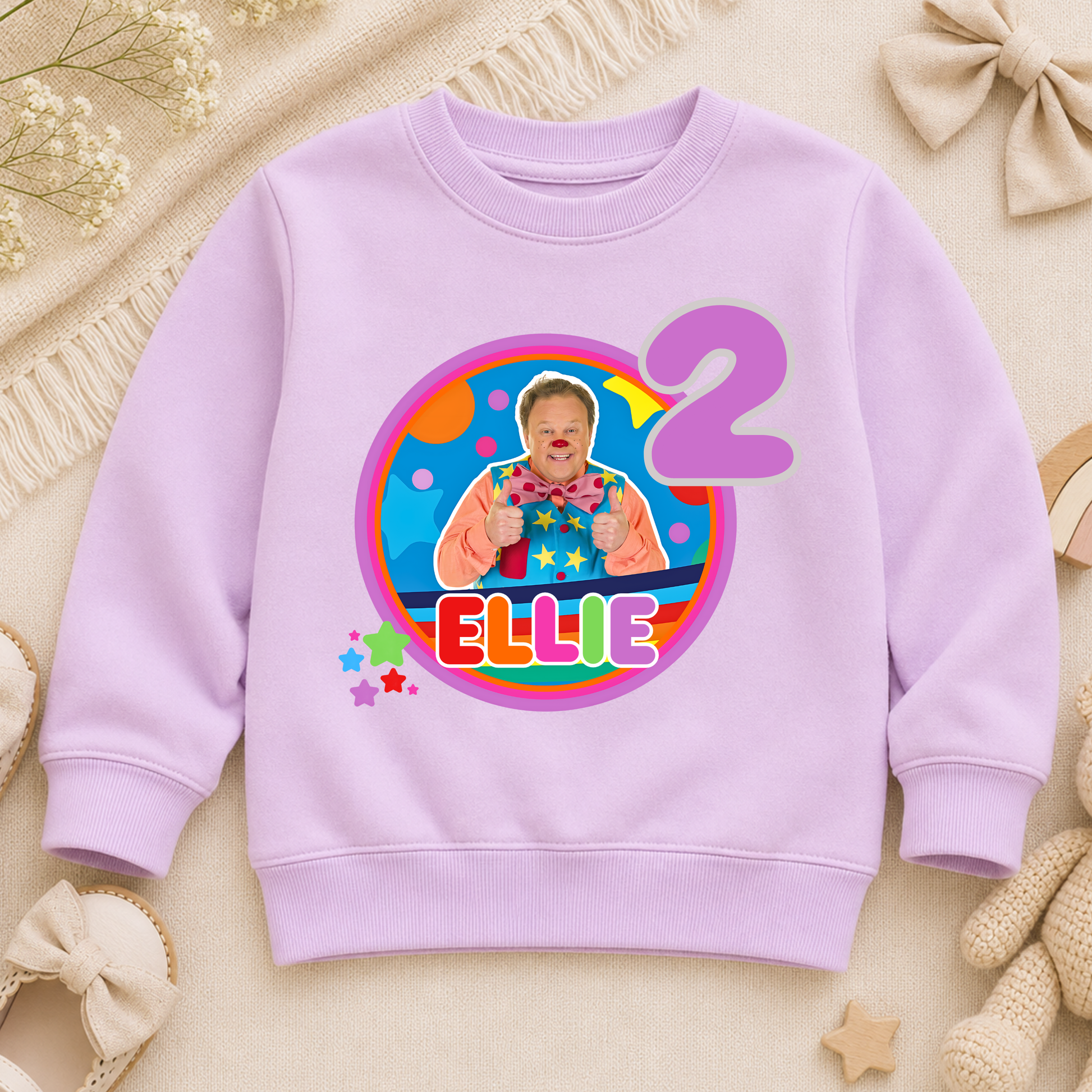 Girls Personalised Mr Tumble Birthday Sweatshirt, A sweatshirt with a Mr Tumble birthday design for girls which is personalised with their custom name and age