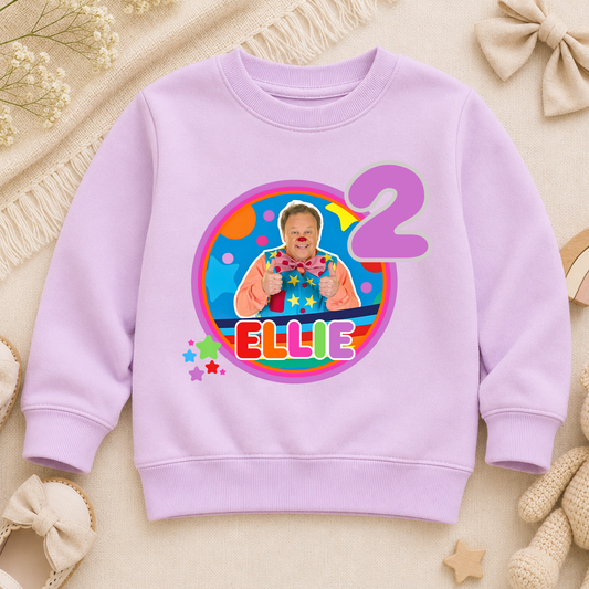 Girls Personalised Mr Tumble Birthday Sweatshirt, A sweatshirt with a Mr Tumble birthday design for girls which is personalised with their custom name and age