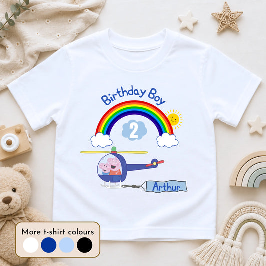 Personalised Peppa Pig and George birthday T-shirt for boys featuring a helicopter, rainbow, custom name Arthur and age 2 birthday design.