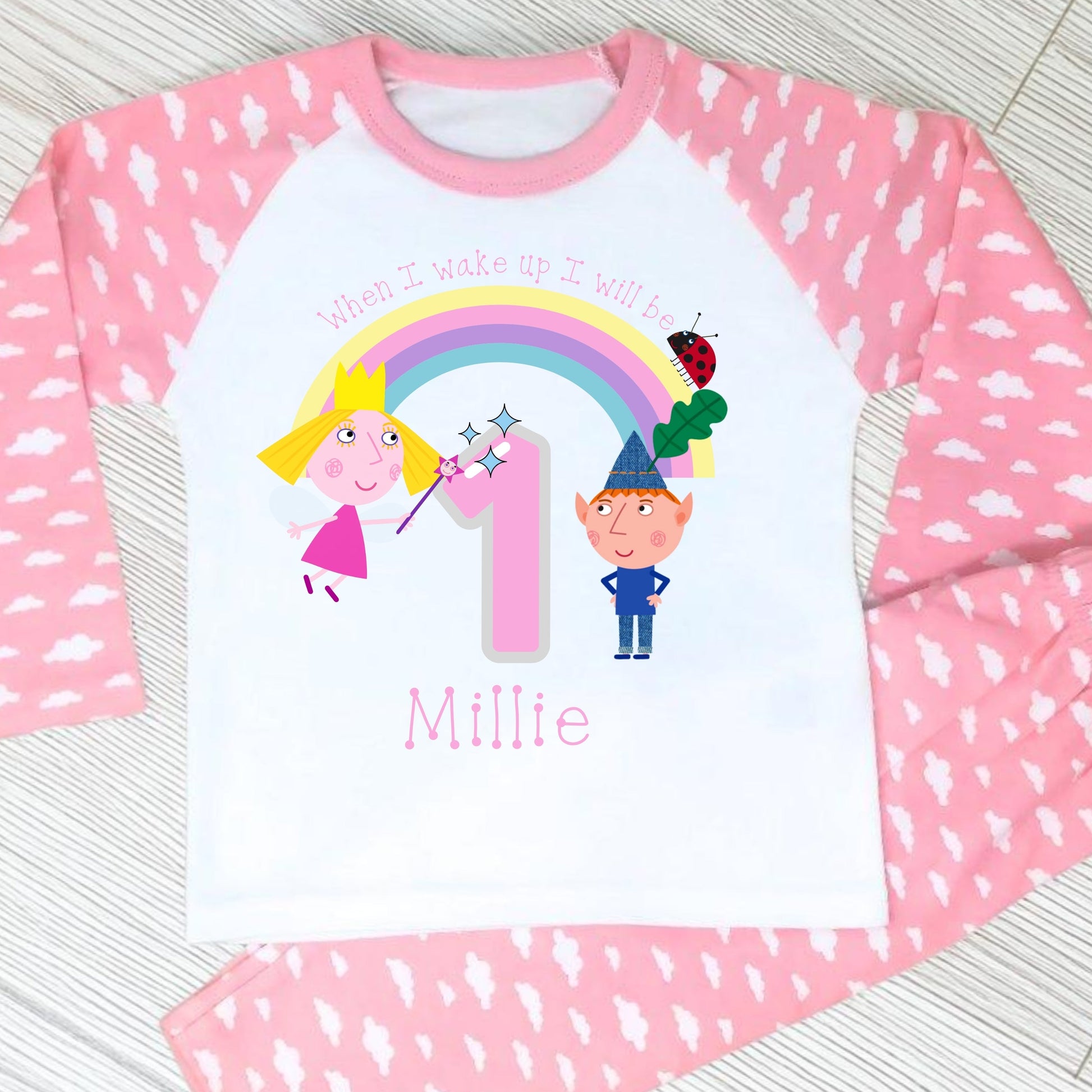 Ben and Holly birthday pyjamas: Personalised Ben and Holly’s Little Kingdom birthday pyjamas for girls with rainbow, characters, age and custom name.