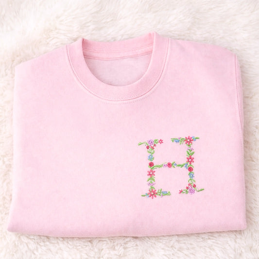 Floral Initial Embroidered Sweatshirt – Girls Personalised Flower Letter Jumper for Everyday Wear AishaBaileyDesigns