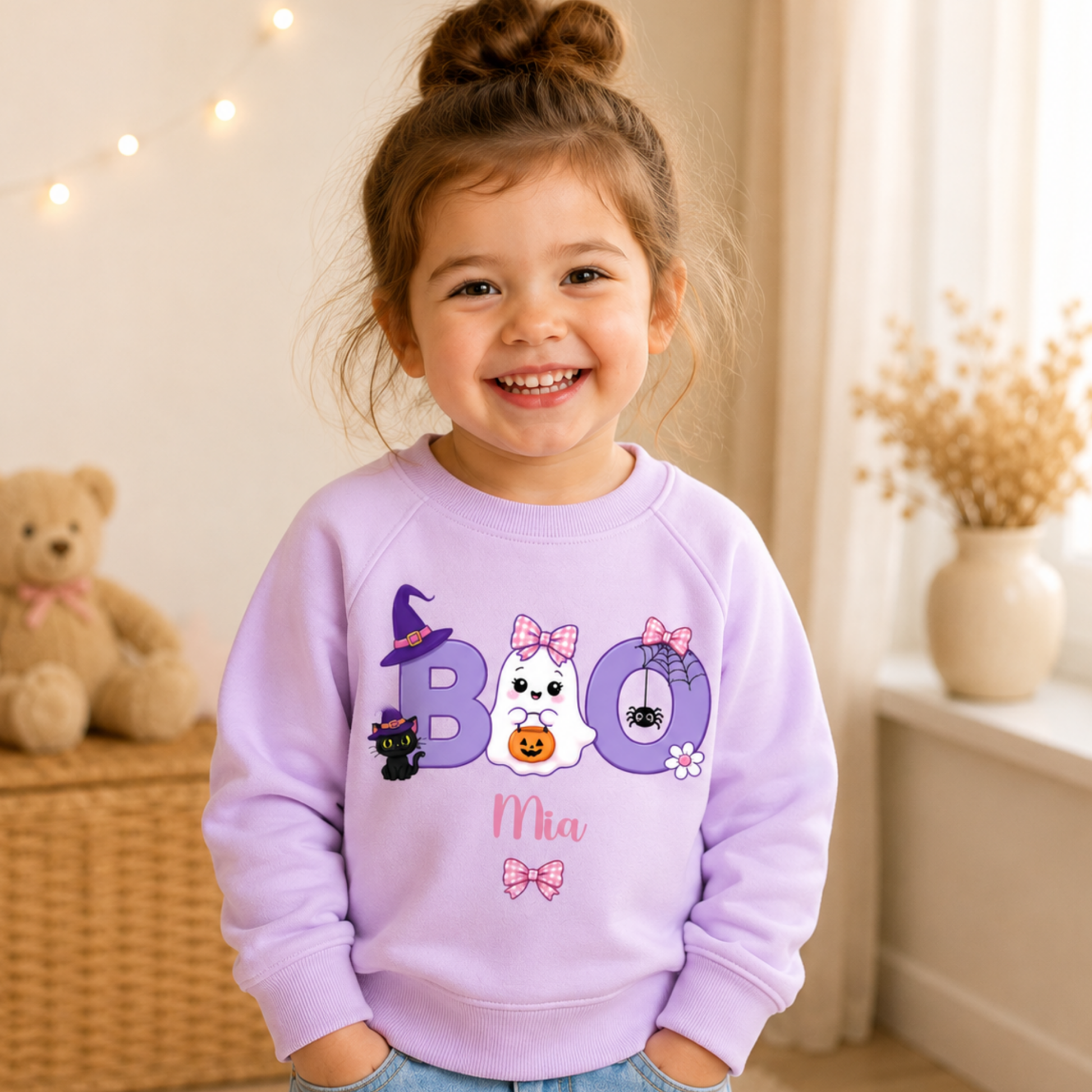Personalised Halloween Sweatshirt for Girls featuring a cute ghost with bow, playful Boo design and custom name, available in three colours.