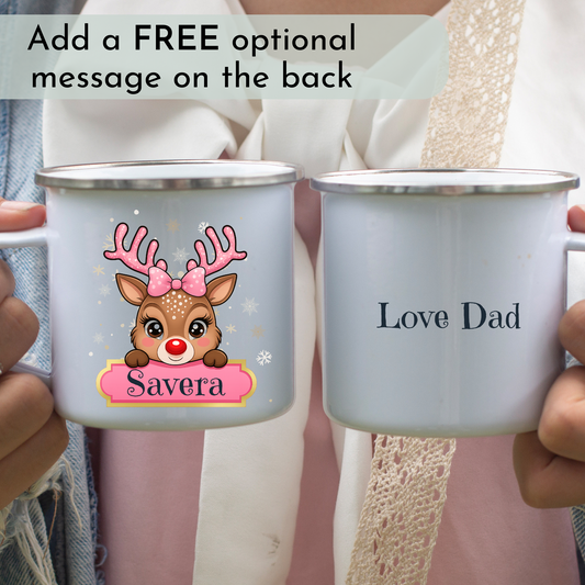 Kids Christmas Mug - Girls personalised cute reindeer christmas mug, custom name cup