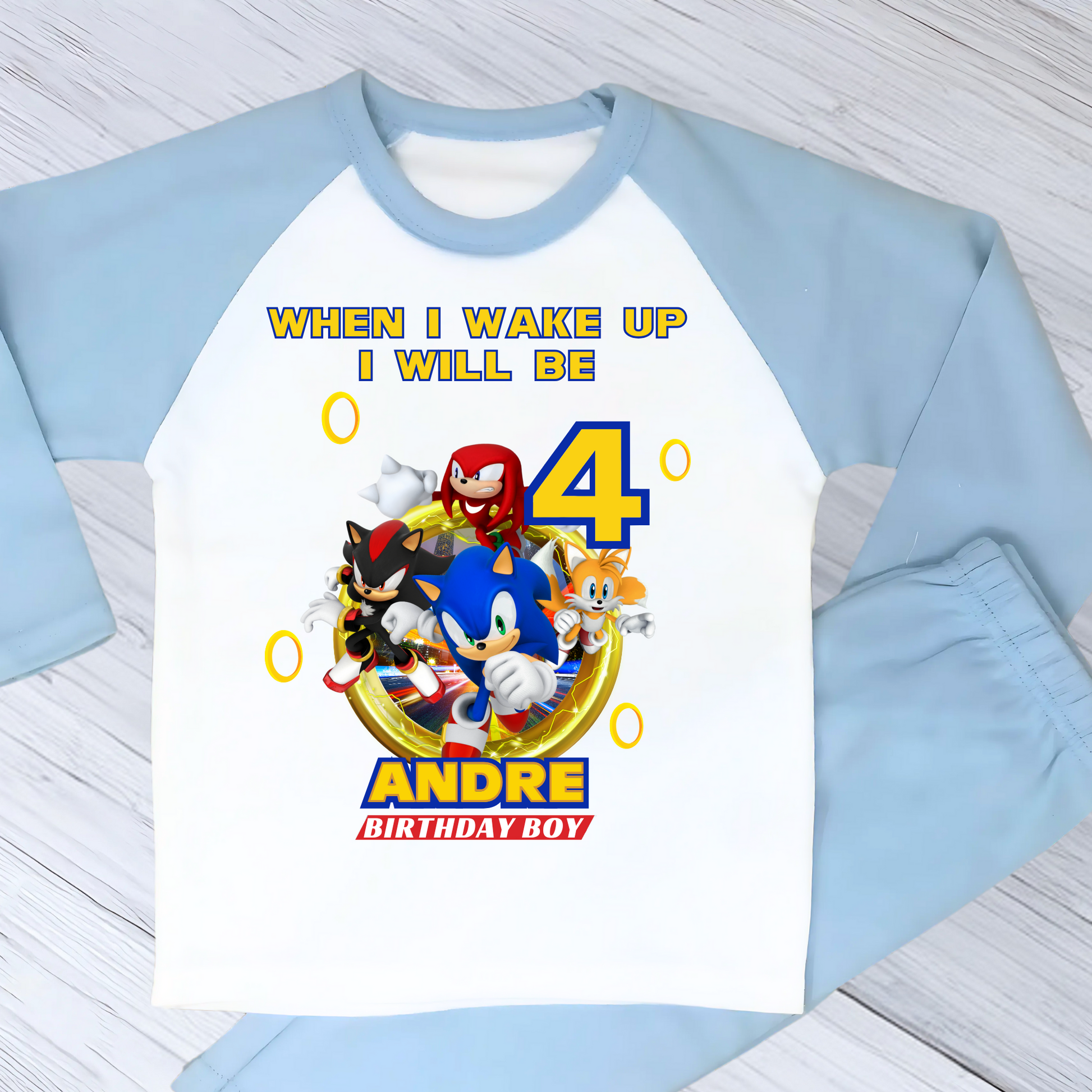 Boys Sonic birthday pyjamas, boys personalised sonic, gamers birthday pjs, sonic the hegehog pjs, sonic birthday pajamas