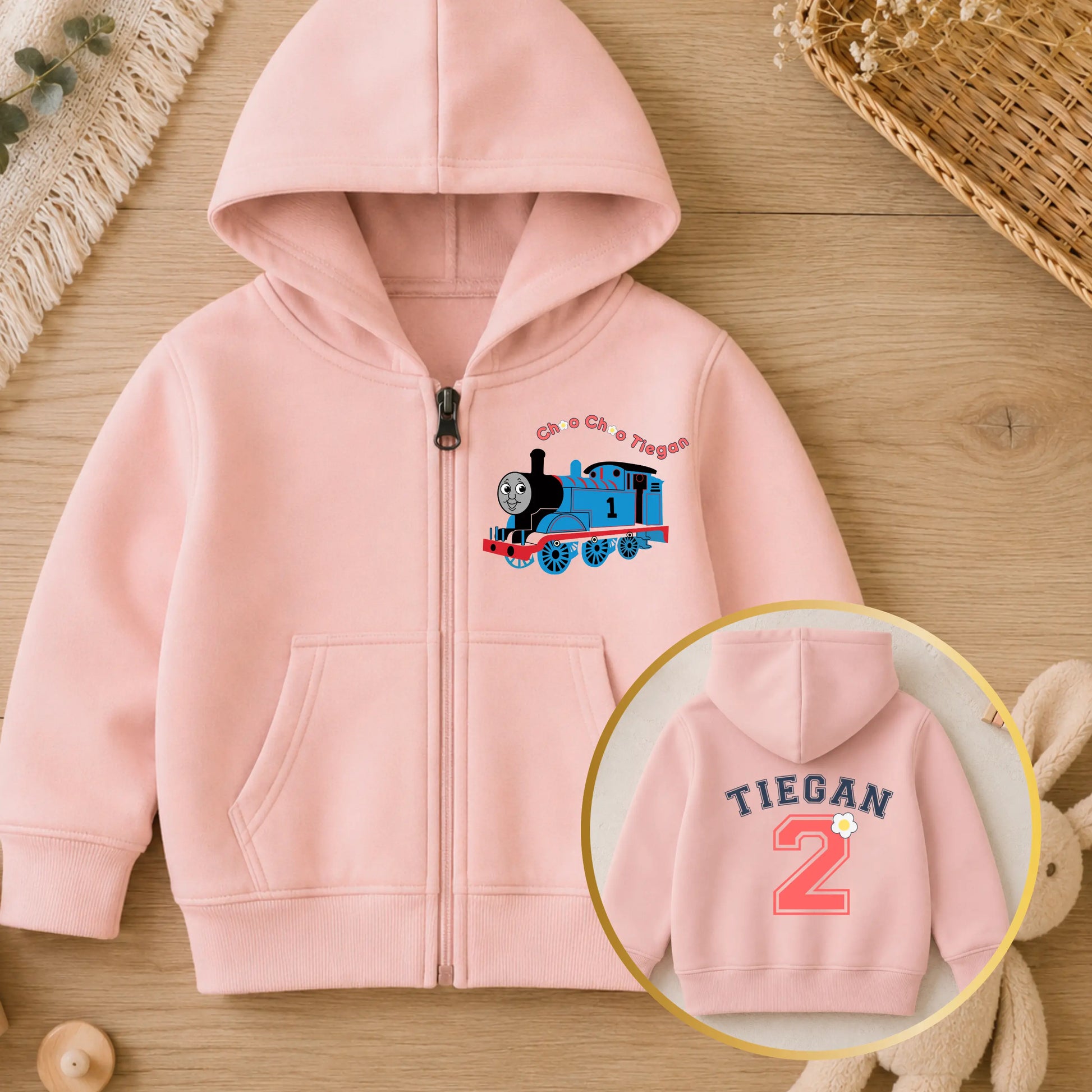 Personalised Girls Thomas the Tank Engine Zip-up Custom Hoodie with Back Print  - any name and number AishaBaileyDesigns
