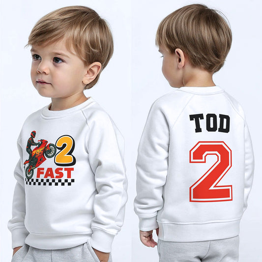 Motorbike Birthday Sweatshirt: Personalised motorbike birthday T-shirt with custom name and age and Lightning Mcqueen inspired design