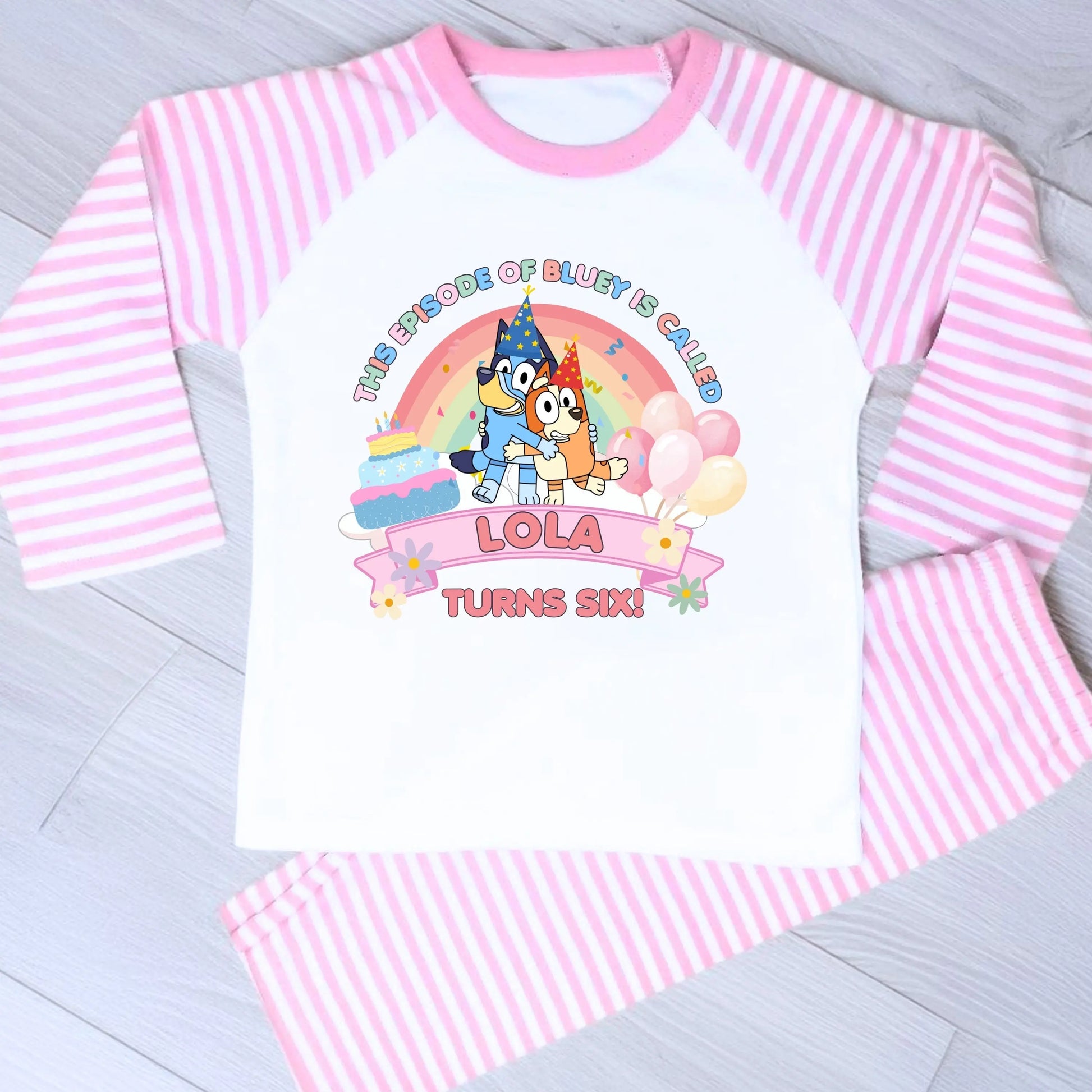 Bluey and Bingo Birthday Pyjamas for Girls showcasing party hats, balloons, and personalised details.