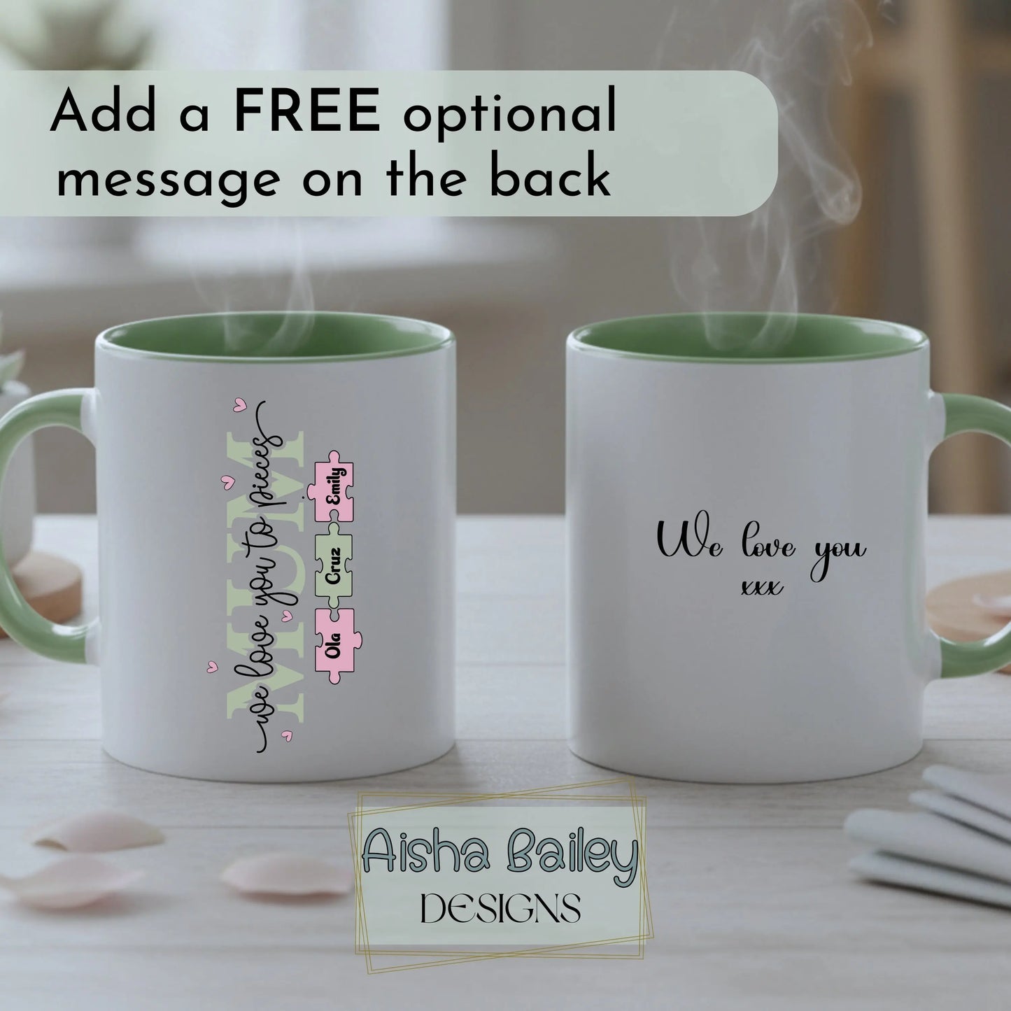 Personalised mum mug with We Love You To Pieces puzzle design and custom names, thoughtful gift for mum for mother's day