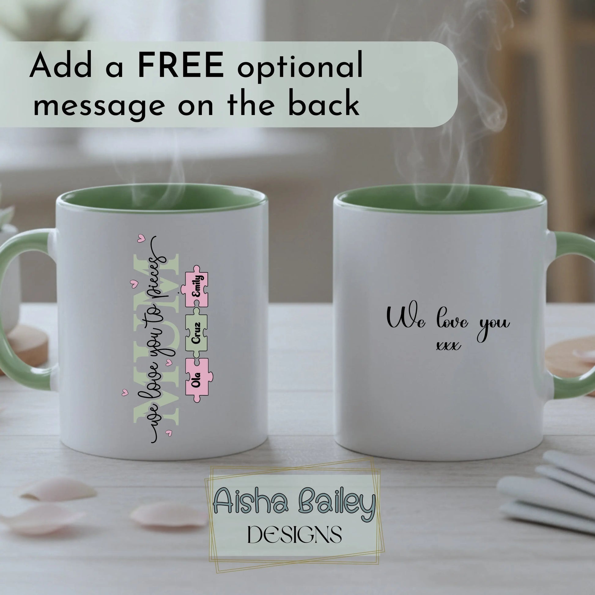 Personalised mum mug with We Love You To Pieces puzzle design and custom names, thoughtful gift for mum for mother's day