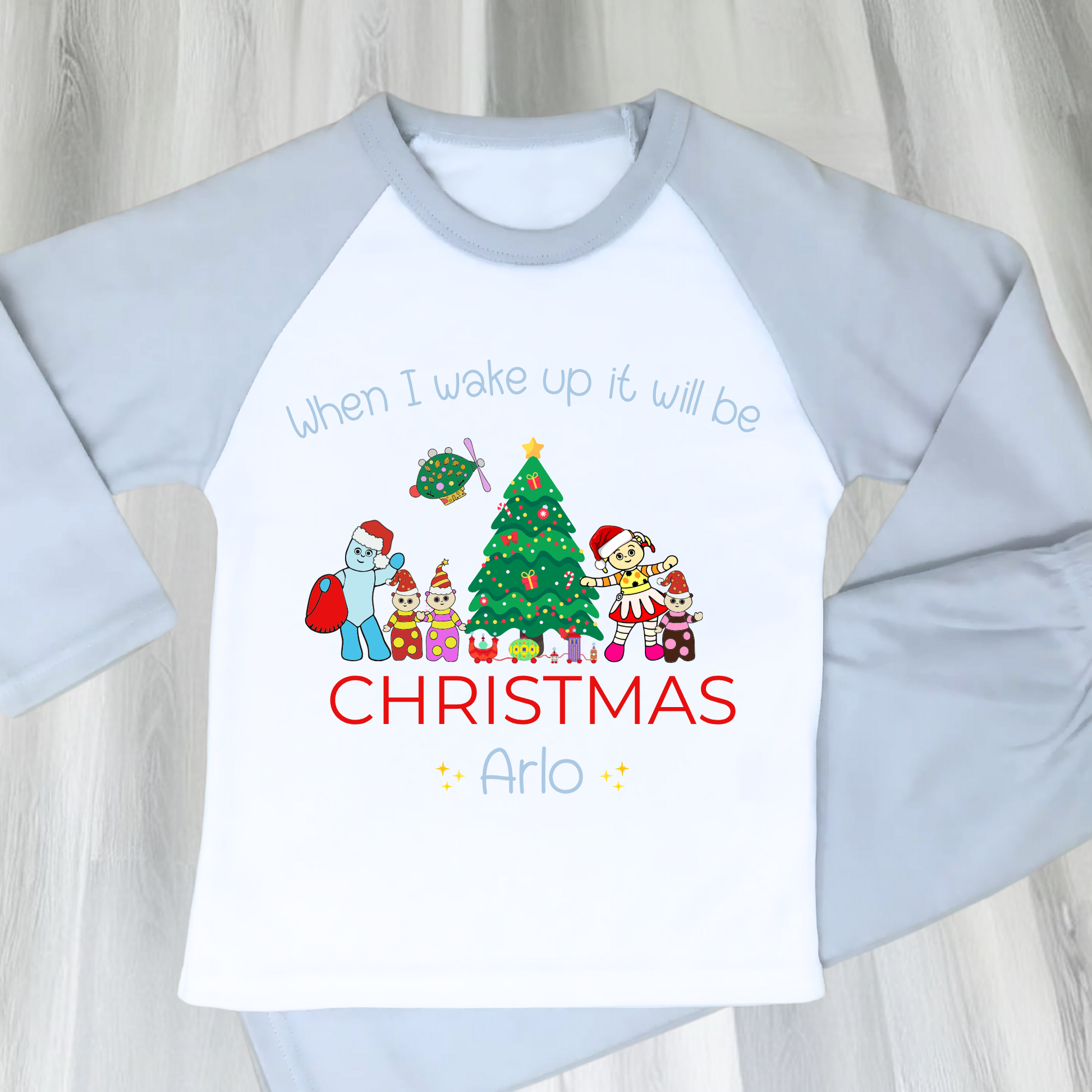 Personalised In the Night Garden Christmas pyjamas for boys with festive characters and custom name design