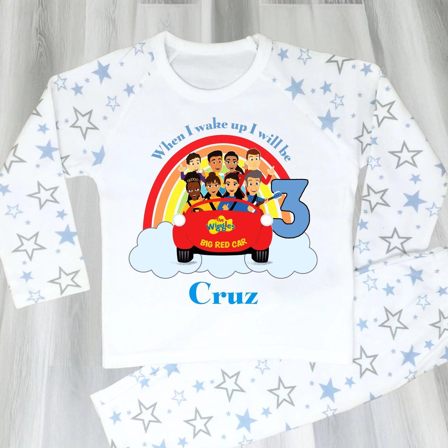 Personalised The Wiggles birthday pyjamas for boys with custom name and age, Big Red Car design.