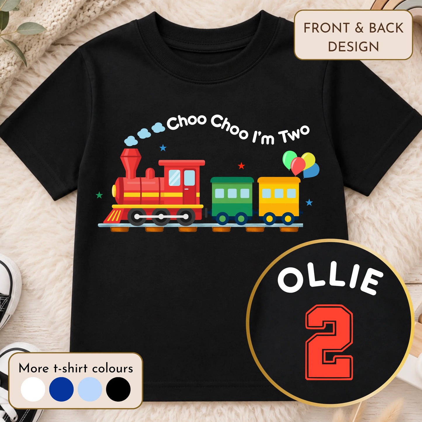 Choo Choo I'm 2 personalised birthday t-shirt with colourful train design and custom name with number 2 on the back for boys' second birthday.