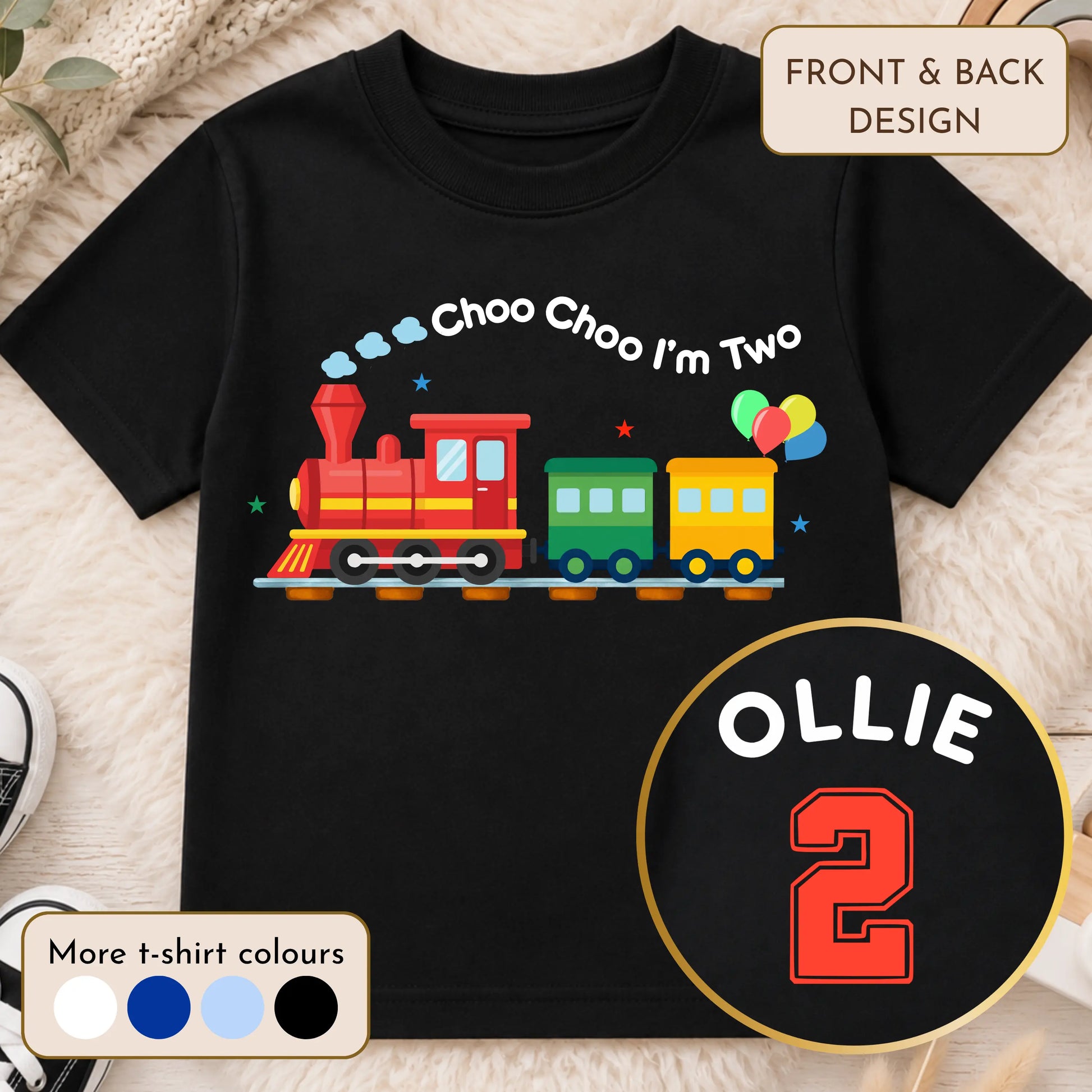 Choo Choo I'm 2 personalised birthday t-shirt with colourful train design and custom name with number 2 on the back for boys' second birthday.