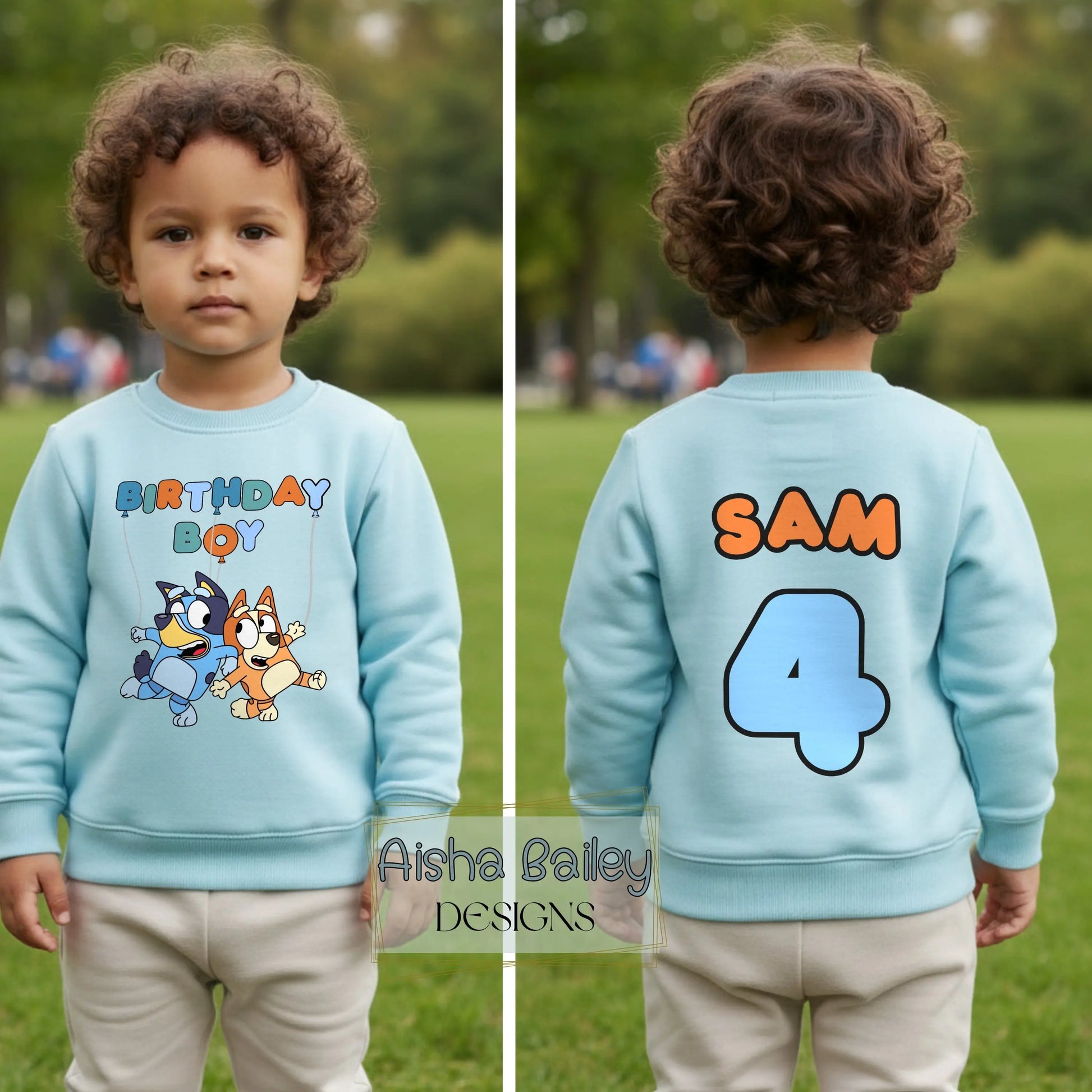 Personalised Bluey birthday boy sweatshirt for toddlers featuring a fun “Birthday Boy” design with Bluey characters on the front, and custom name “Tommy” with a large number 3 printed on the back. Made from soft, high-quality fabric for all-day comfort, this custom kids birthday outfit is perfect for parties, photos, and everyday wear. Ideal personalised Bluey jumper for boys, combining cute character style with a unique name and age design.
