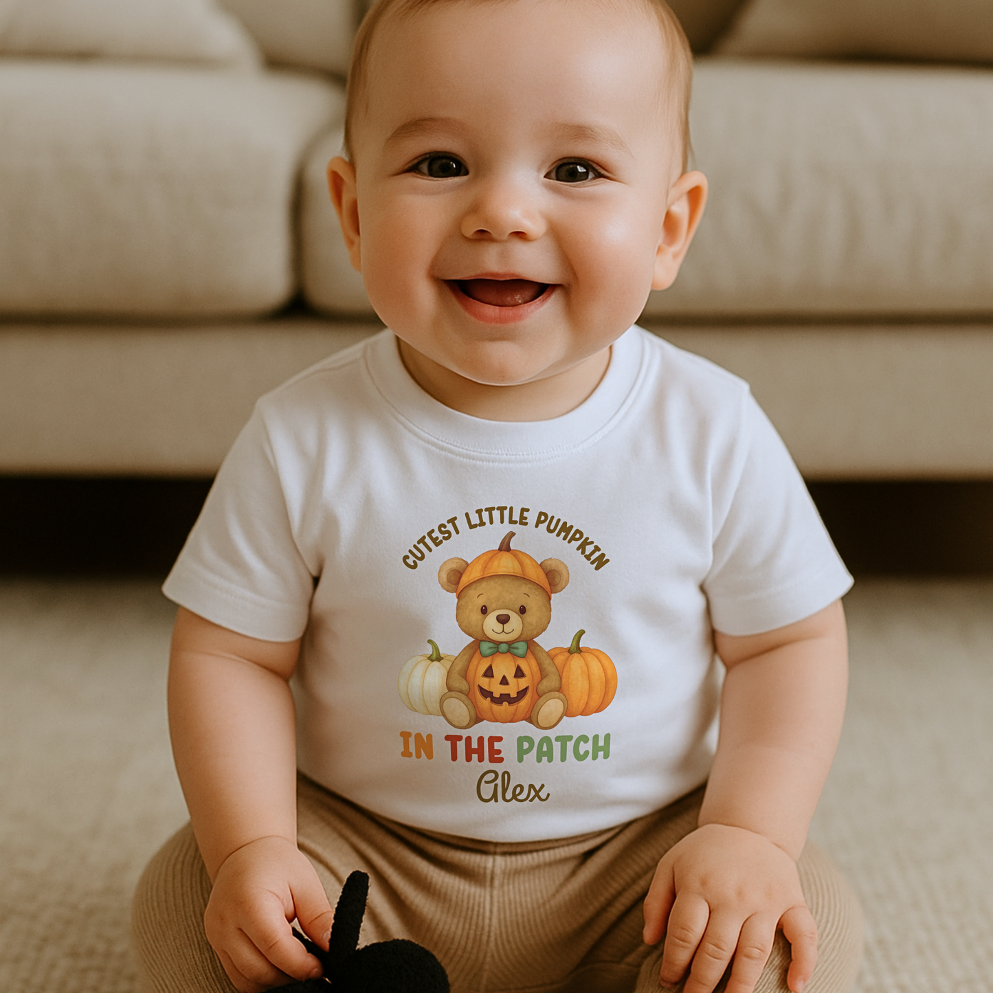 First Halloween Outfit: Personalised Halloween baby bib, romper, vest or t-shirt with teddy bear “Cutest Pumpkin in the Patch” design.