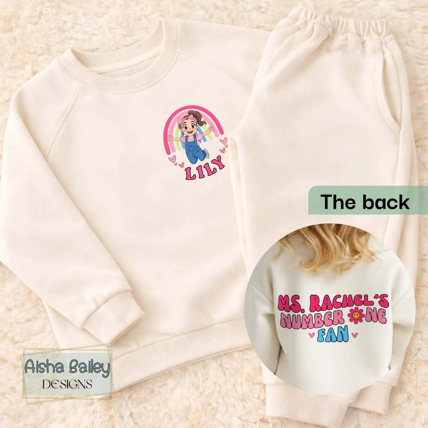 Ms Rachel Personalised Loungewear Set: Ms Rachel custom loungewear set for girls with matching top and bottoms and fun back print design
