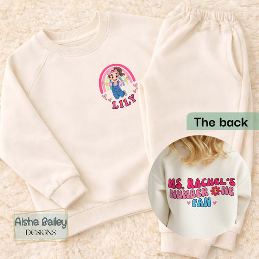 Ms Rachel Personalised Loungewear Set: Ms Rachel custom loungewear set for girls with matching top and bottoms and fun back print design