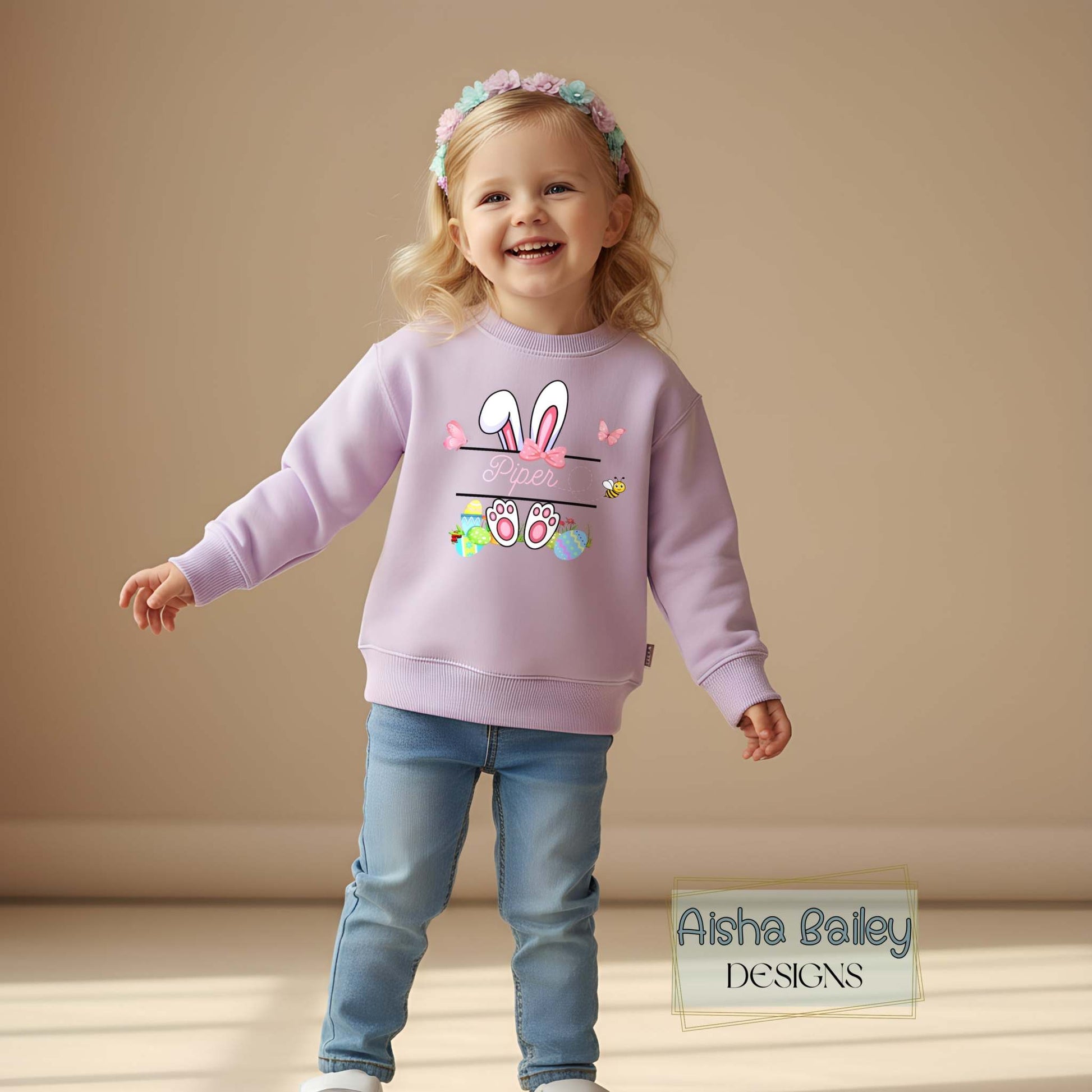 Personalised Easter Top for girls with a white rabbit and custom name. Choice of t-shirt or sweatshirt