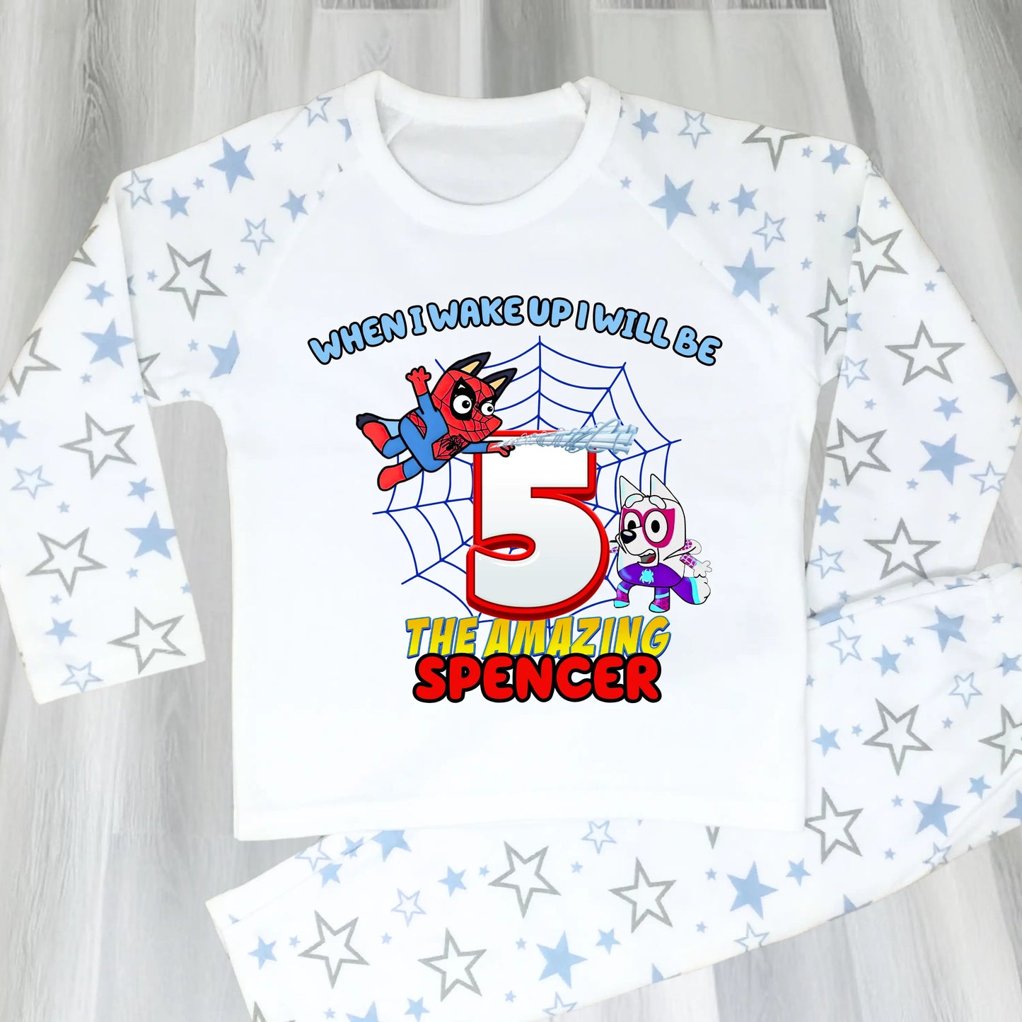 Personalised Spidey Bluey Birthday Pyjamas for Boys  - any name and age AishaBaileyDesigns