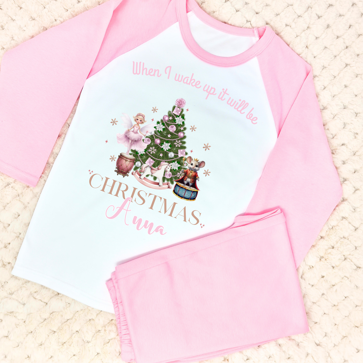 Girls Christmas Pyjamas, Pink Nutcracker Christmas Pyjamas with Personalisation, When I Wake up it will be Christmas
