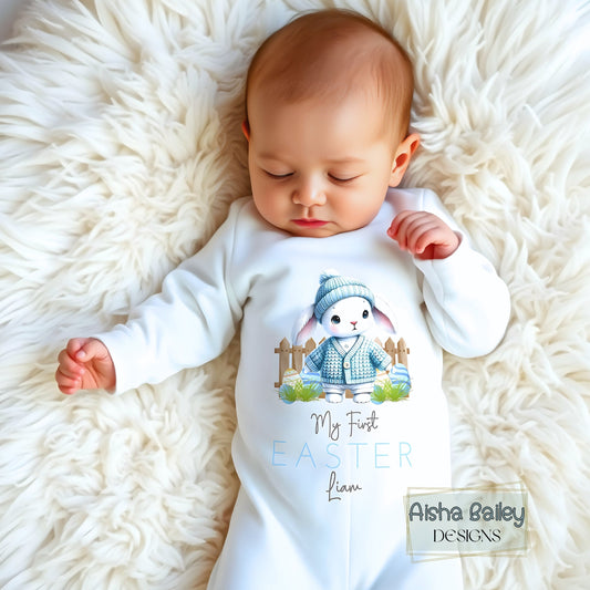 First Easter Outfit: Baby Boy’s First Easter Babygrow with personalised name and bunny design