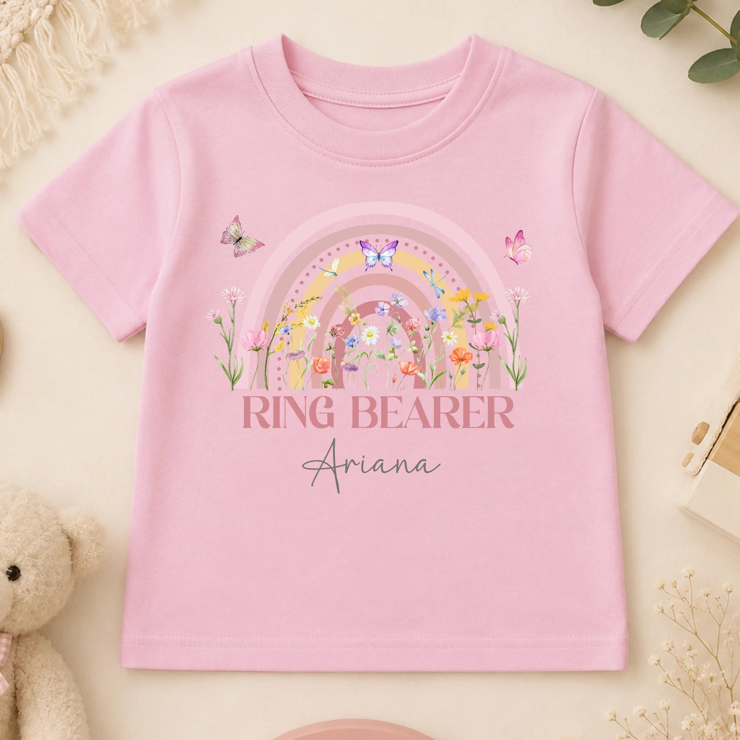Personalised flower girl T-Shirt or sweatshirt with boho rainbow floral design, butterflies, custom name, and wedding role for children’s wedding outfits.