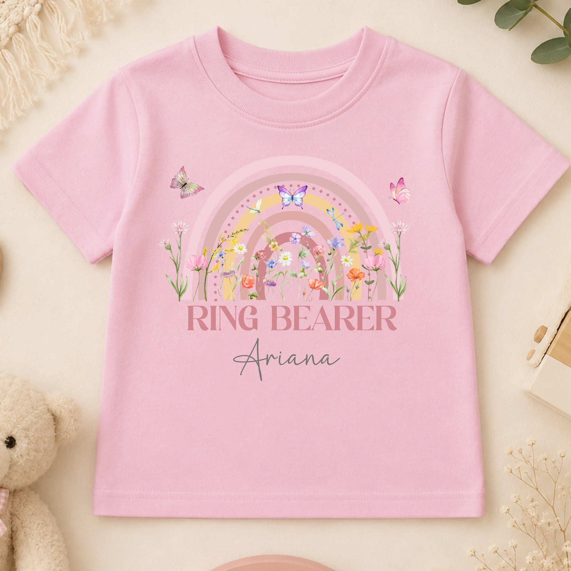 Personalised flower girl T-Shirt or sweatshirt with boho rainbow floral design, butterflies, custom name, and wedding role for children’s wedding outfits.