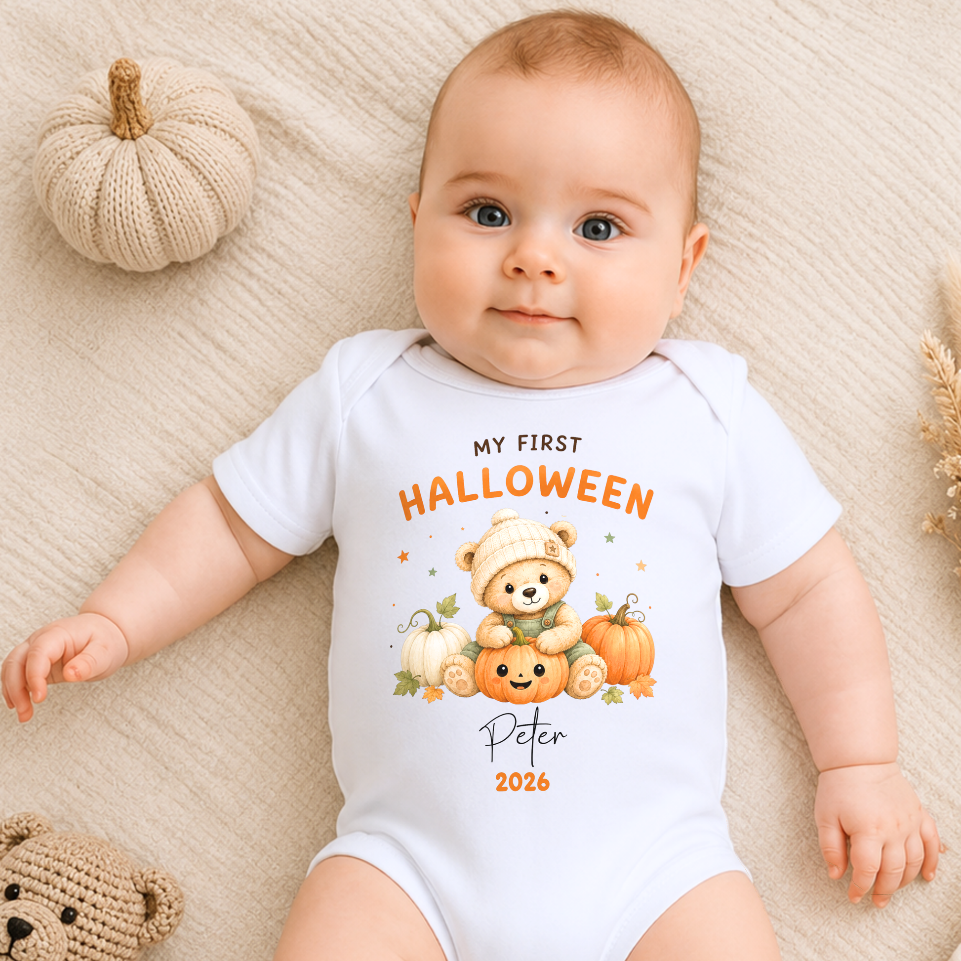Personalised First Halloween Baby Outfit for boys with cute teddy bear and pumpkin design, customised with baby’s name and year.