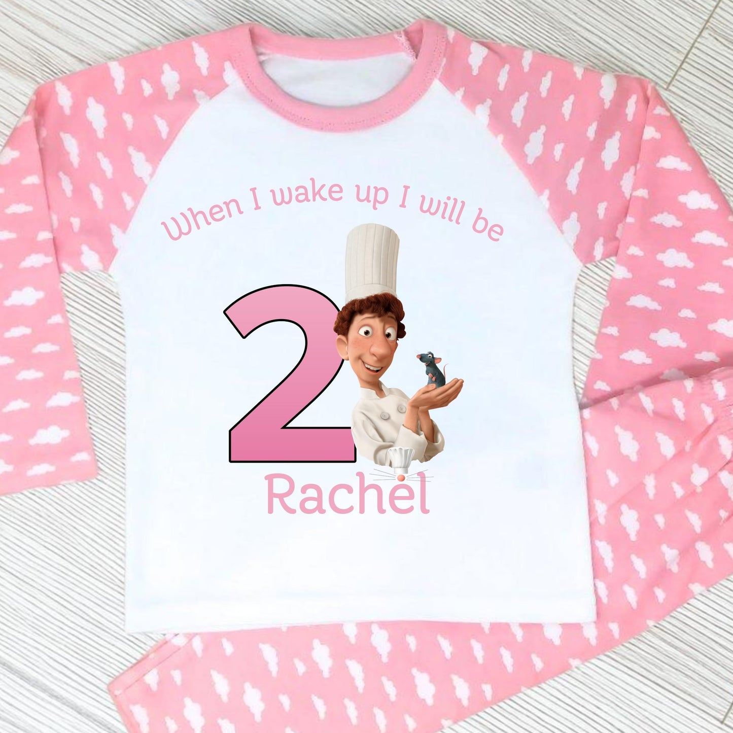 Ratatouille birthday pyjamas: Pink and white cloud personalised birthday pyjamas with ratatouille character with name and age