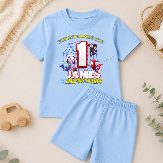 Personalised Spidey Short Birthday Pyjamas for Boys with custom name and age superhero birthday design on soft short sleeve children's pyjama set.