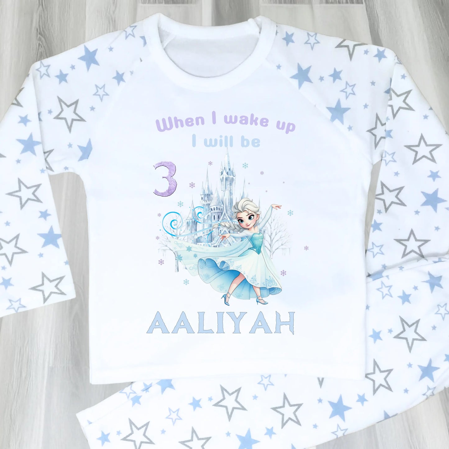 Frozen Elsa Birthday Pyjamas for Girls Personalised with Name & Age: Raglan & White Frilly PJs AishaBaileyDesigns