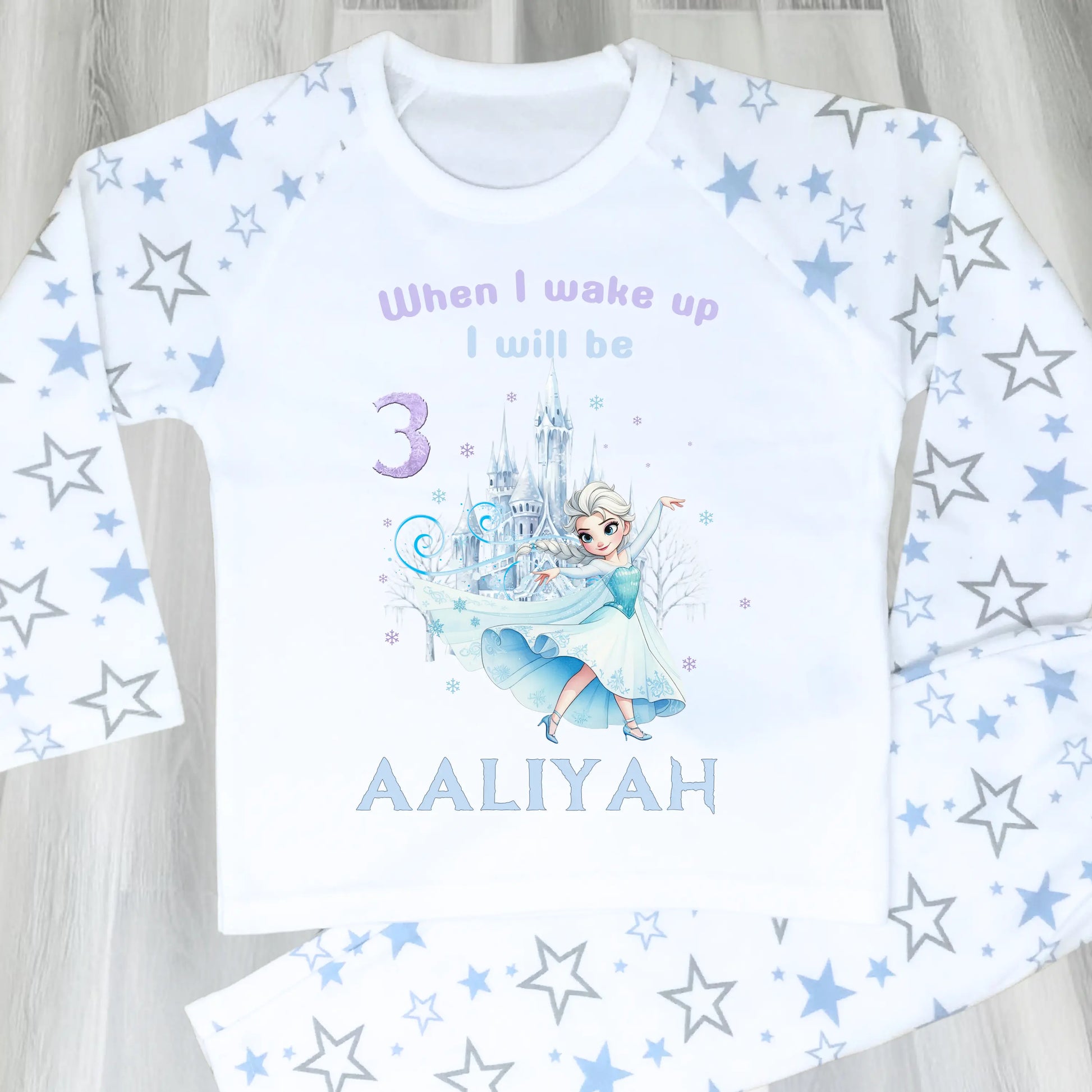 Frozen Elsa Birthday Pyjamas for Girls Personalised with Name & Age: Raglan & White Frilly PJs AishaBaileyDesigns