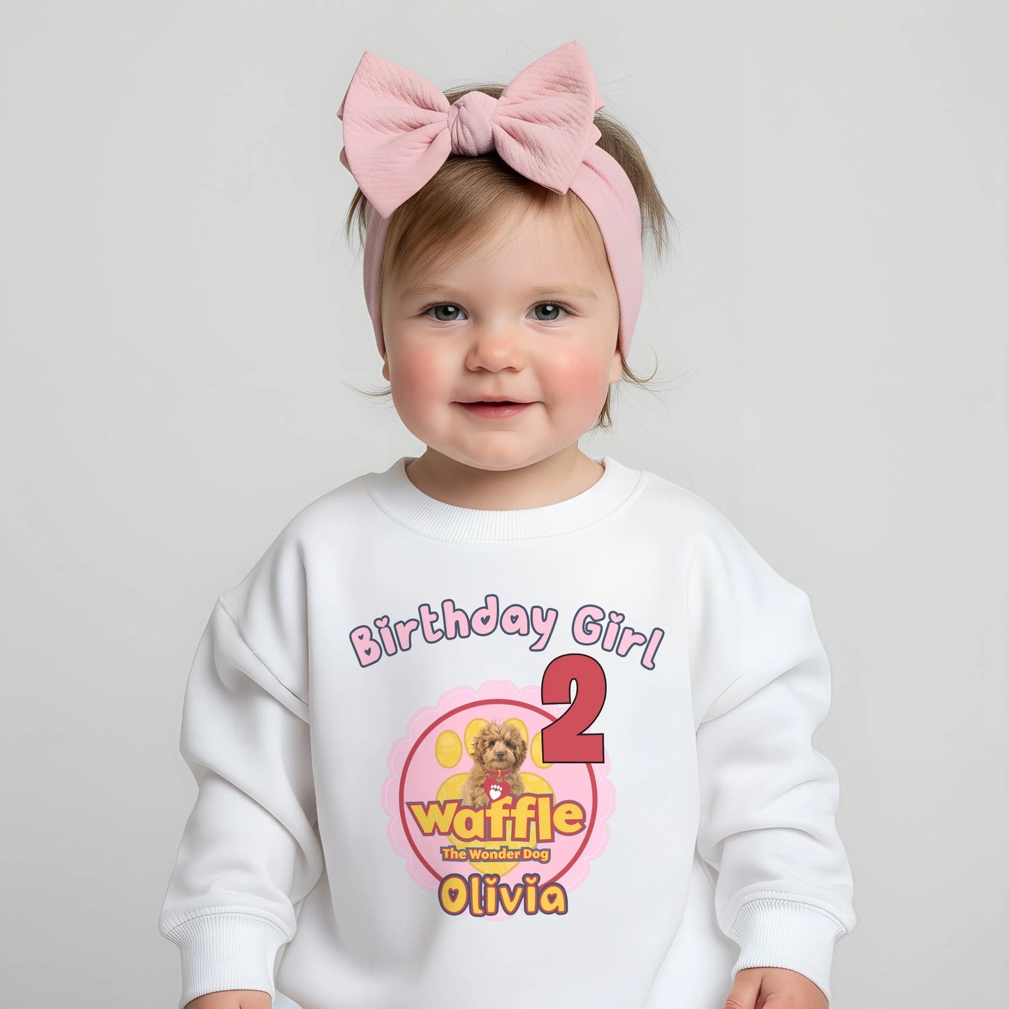 Personalised girls waffle birthday sweatshirt with custom name and age.
