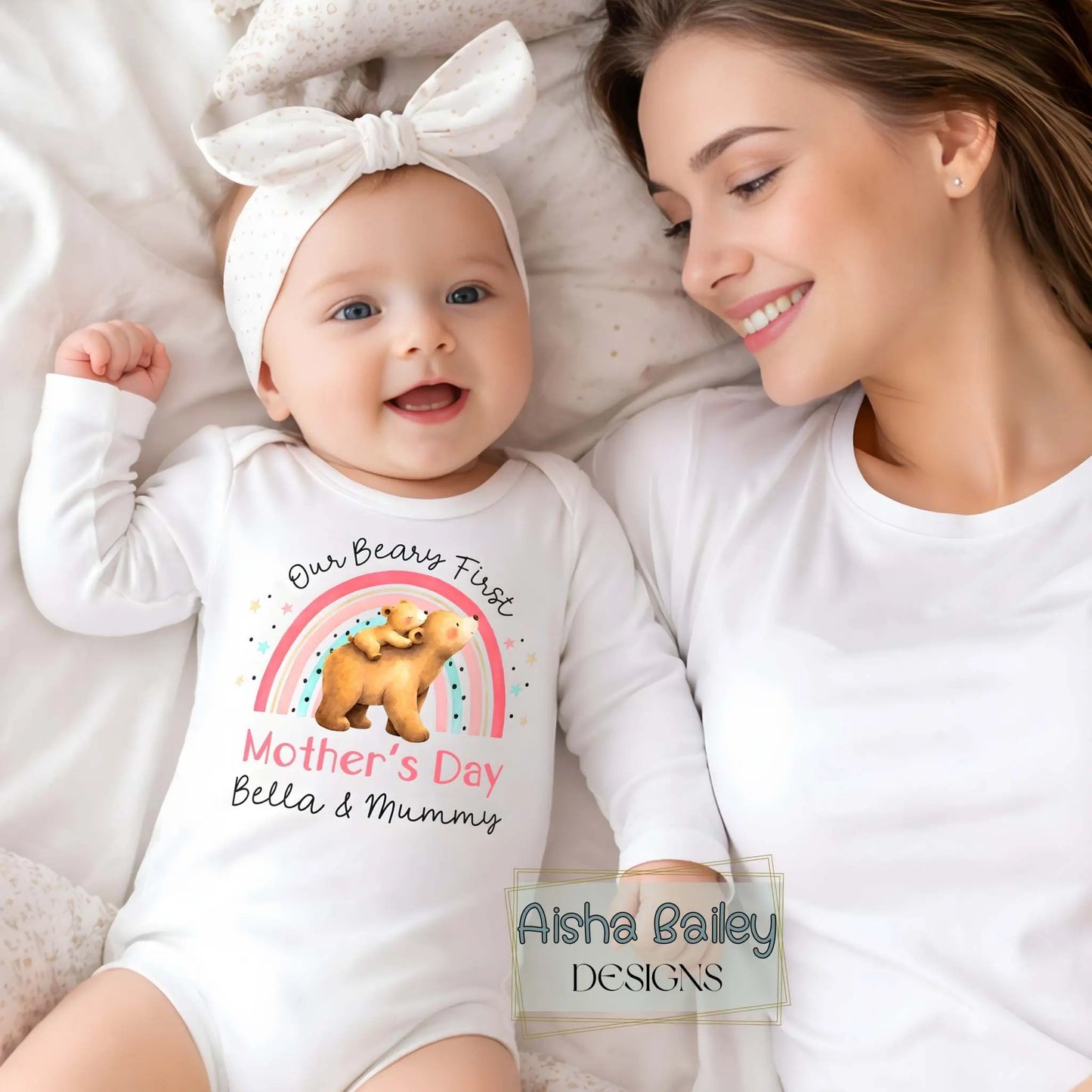 Personalised 1st Mother’s Day sleepsuit with Our Beary First Mother’s Day bear and rainbow design, custom baby girl name gift for First mothers day keepsake