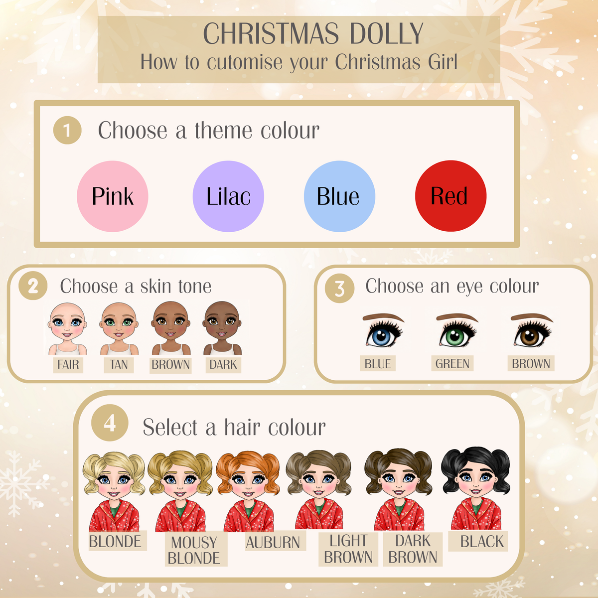 Personalised Christmas Pyjamas for girls with frill detail, custom name, Christmas doll, festive train and Christmas tree design.