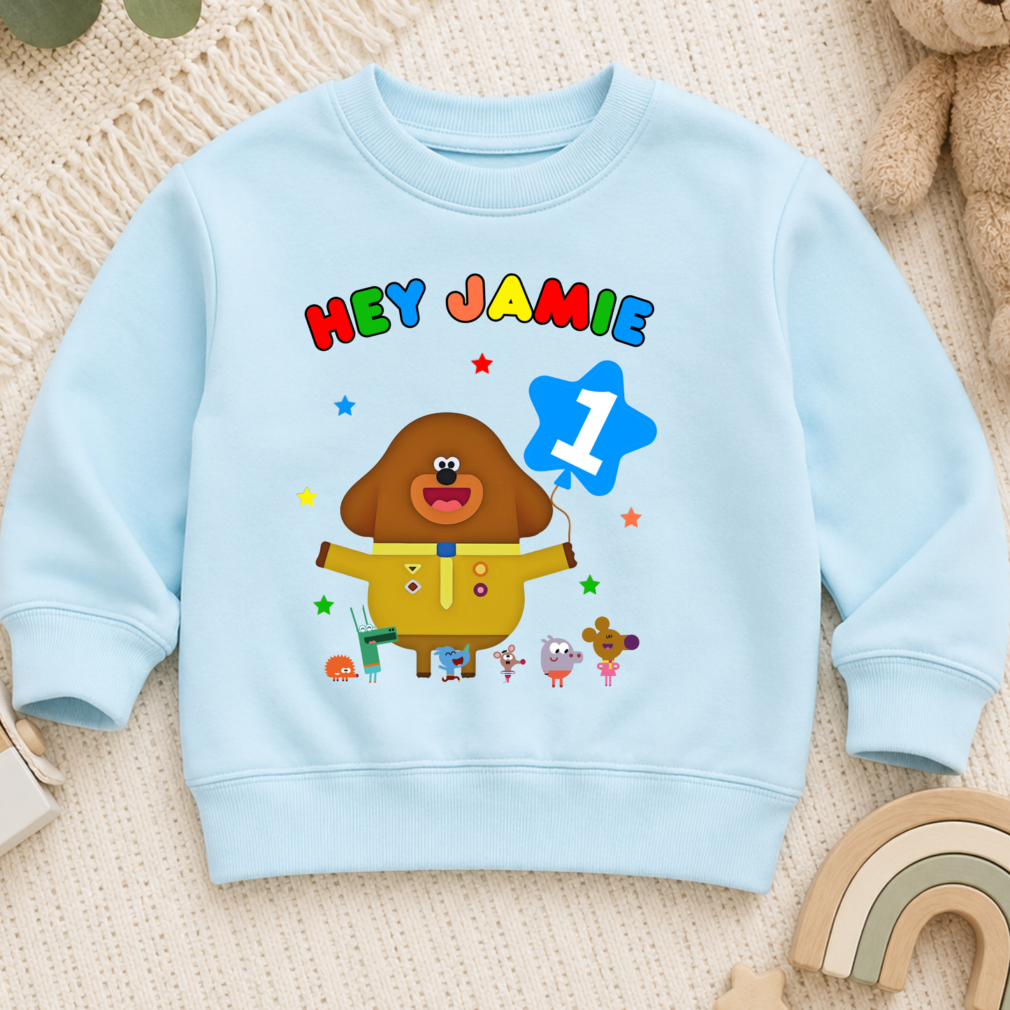 Boys Personalised Hey Duggee Birthday Sweatshirt with colourful character design, customised with any name and age for a fun birthday outfit.