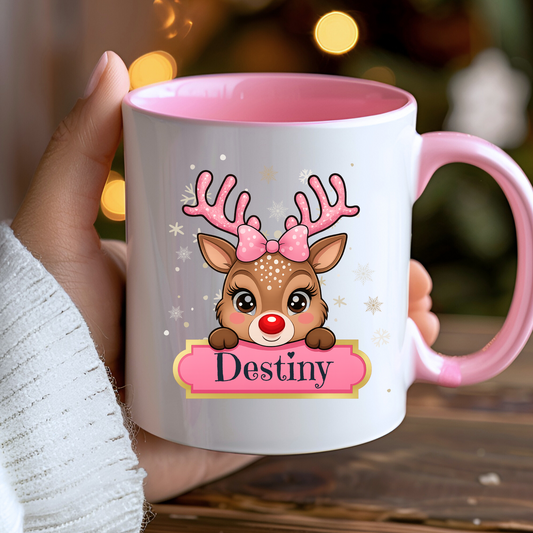 Kids Christmas Mug - Girls personalised cute reindeer christmas mug, custom name cup