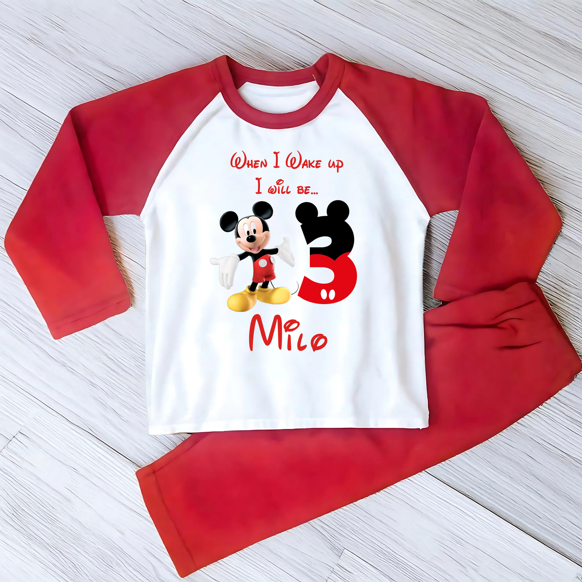 Personalised Birthday Pyjamas with mickie mouse inspired design, child's name and age, available in red or grey
