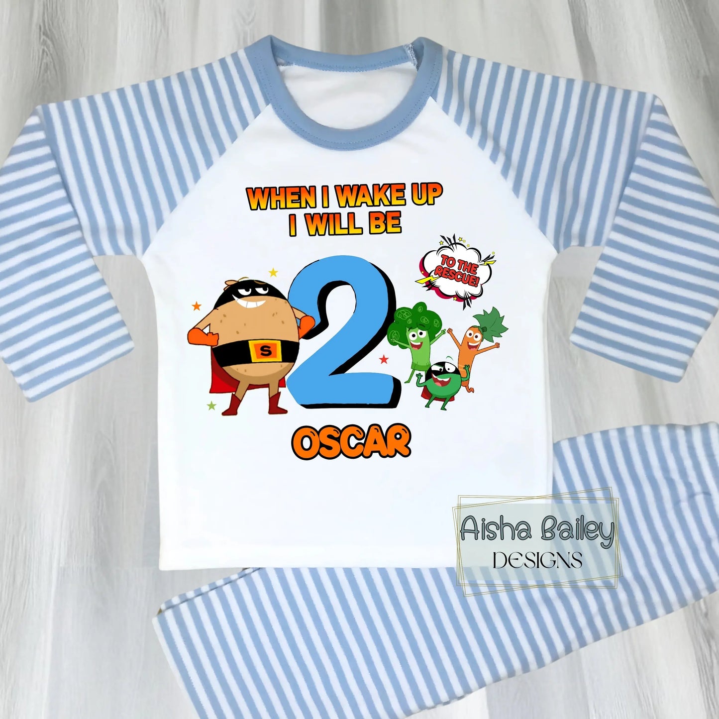 Boys personalised Supertato birthday pyjamas with When I Wake Up design, custom name and age, white star print kids PJs